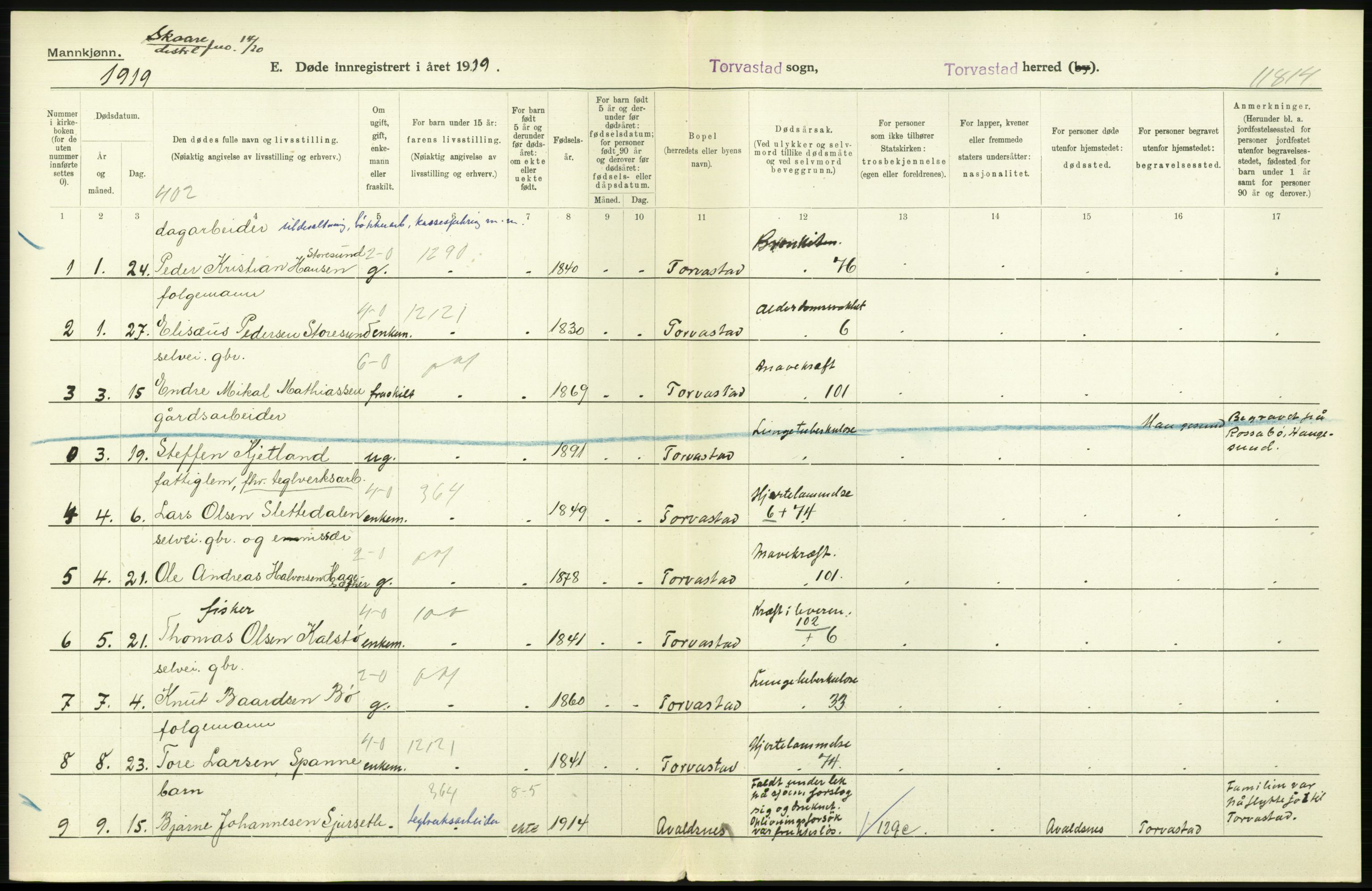 Statistisk sentralbyrå, Sosiodemografiske emner, Befolkning, RA/S-2228/D/Df/Dfb/Dfbi/L0030: Rogaland fylke: Døde. Bygder og byer., 1919, s. 160