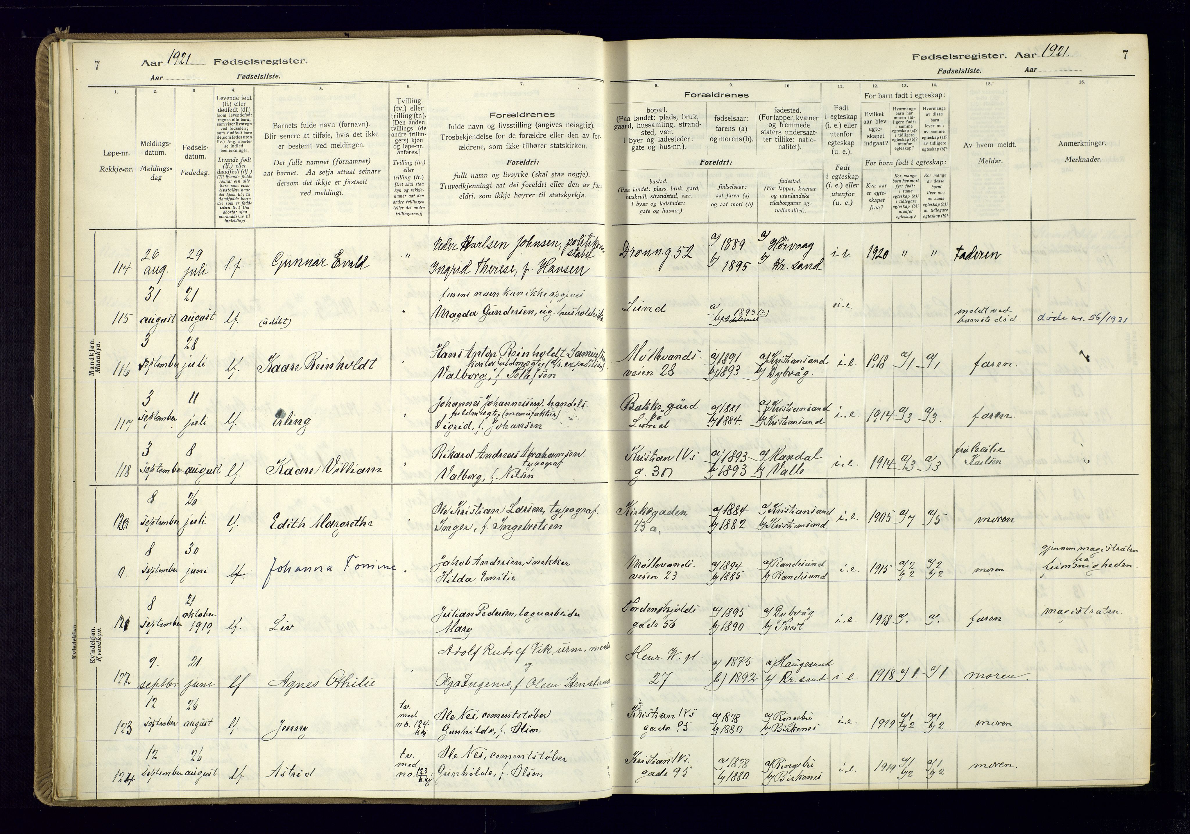 Kristiansand domprosti, AV/SAK-1112-0006/J/Jc/L0002: Fødselsregister nr. A-VI-46, 1921-1926, s. 7
