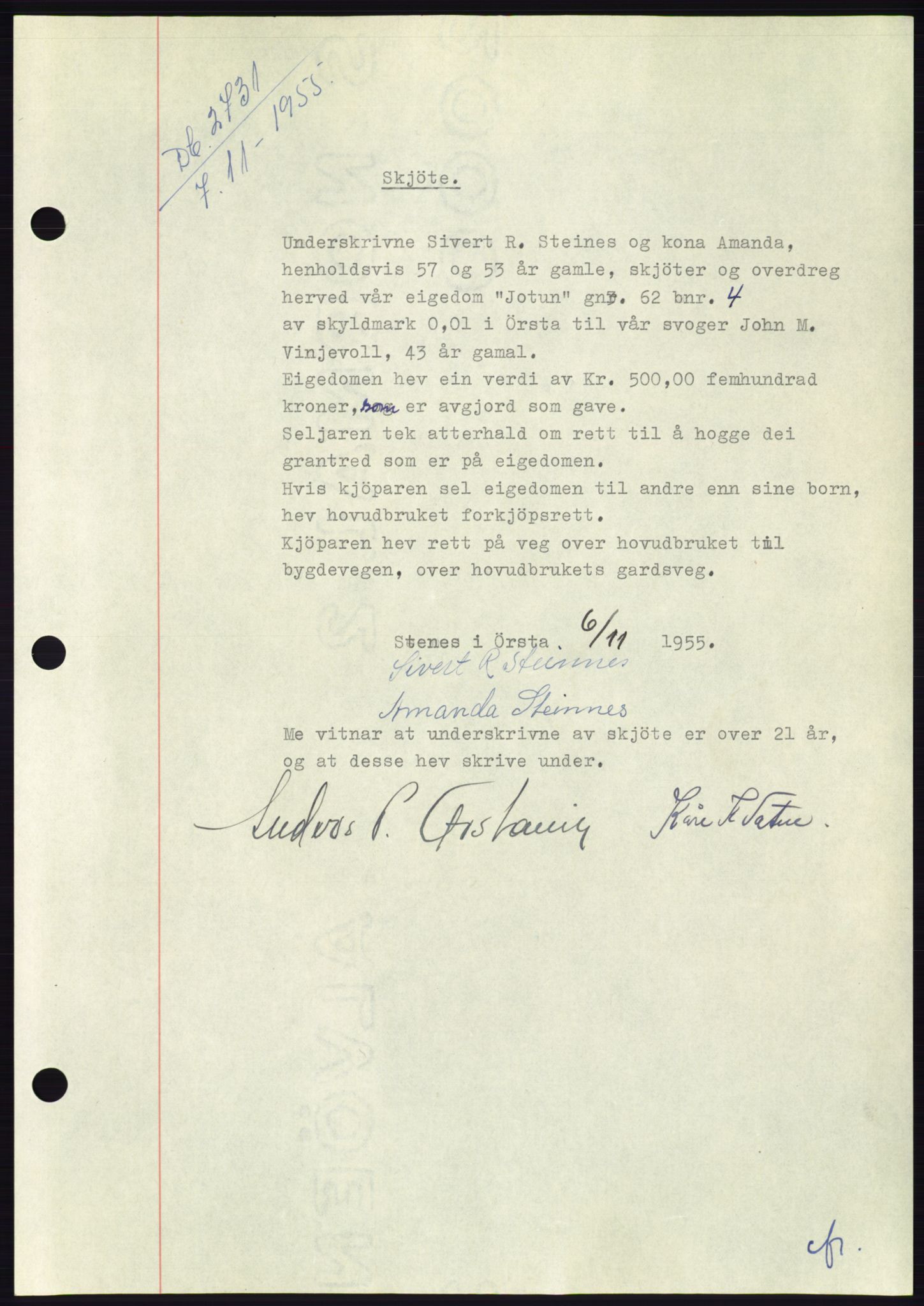 Søre Sunnmøre sorenskriveri, AV/SAT-A-4122/1/2/2C/L0102: Pantebok nr. 28A, 1955-1956, Dagboknr: 2731/1955