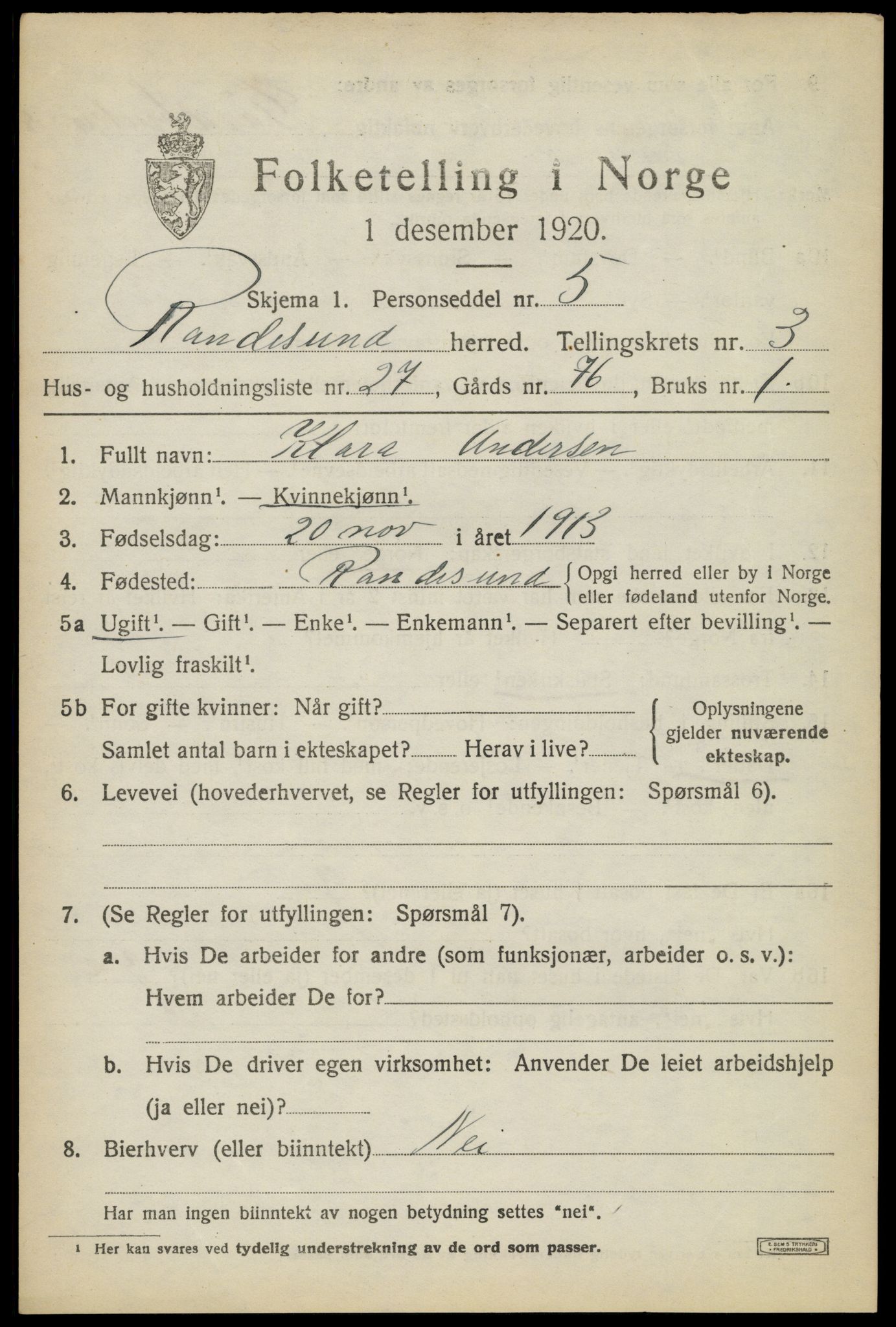 SAK, Folketelling 1920 for 1011 Randesund herred, 1920, s. 1766