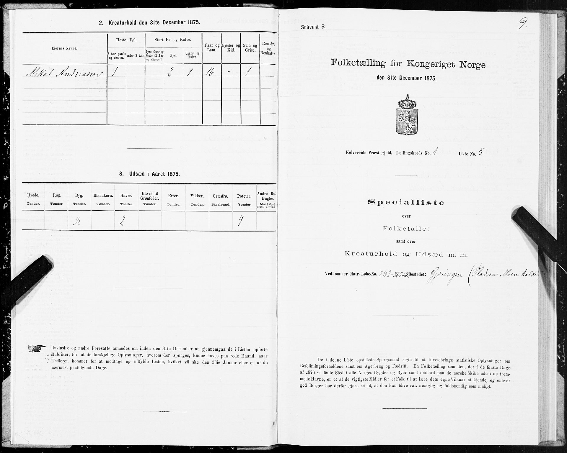 SAT, Folketelling 1875 for 1752P Kolvereid prestegjeld, 1875, s. 1009