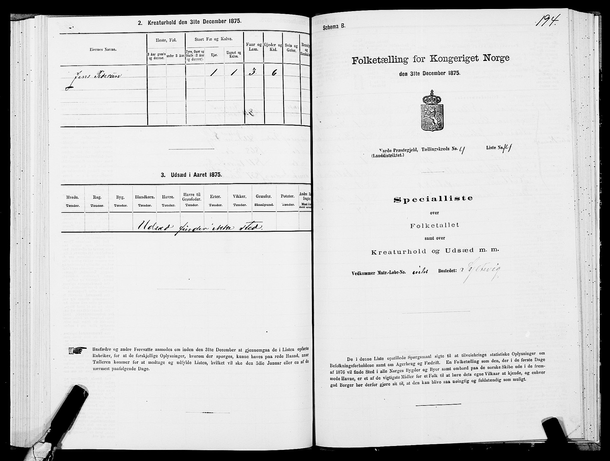 SATØ, Folketelling 1875 for 2028L Vardø prestegjeld, Vardø landsokn, 1875, s. 1194