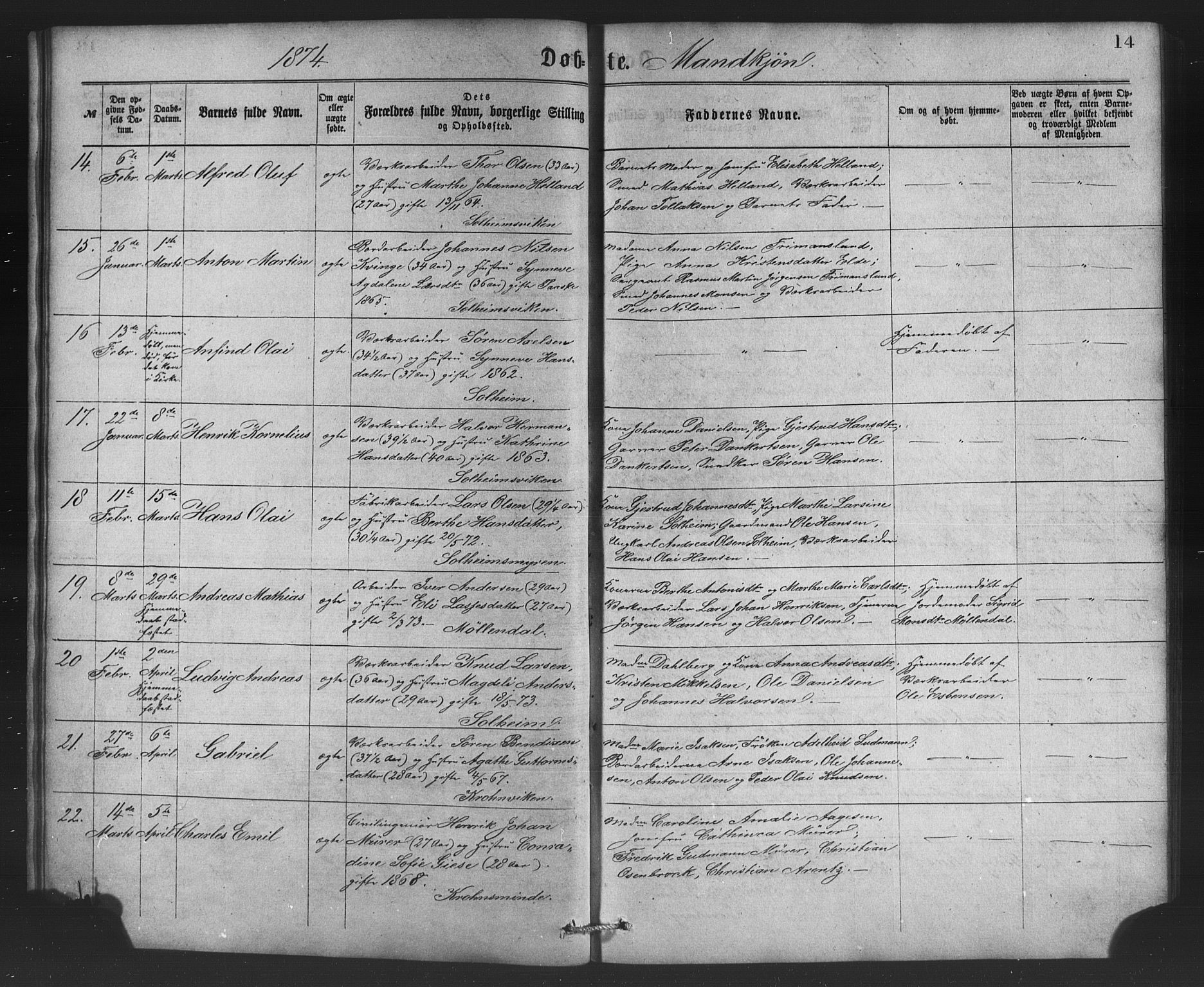 St. Jørgens hospital og Årstad sokneprestembete, AV/SAB-A-99934: Klokkerbok nr. A 4, 1873-1885, s. 14