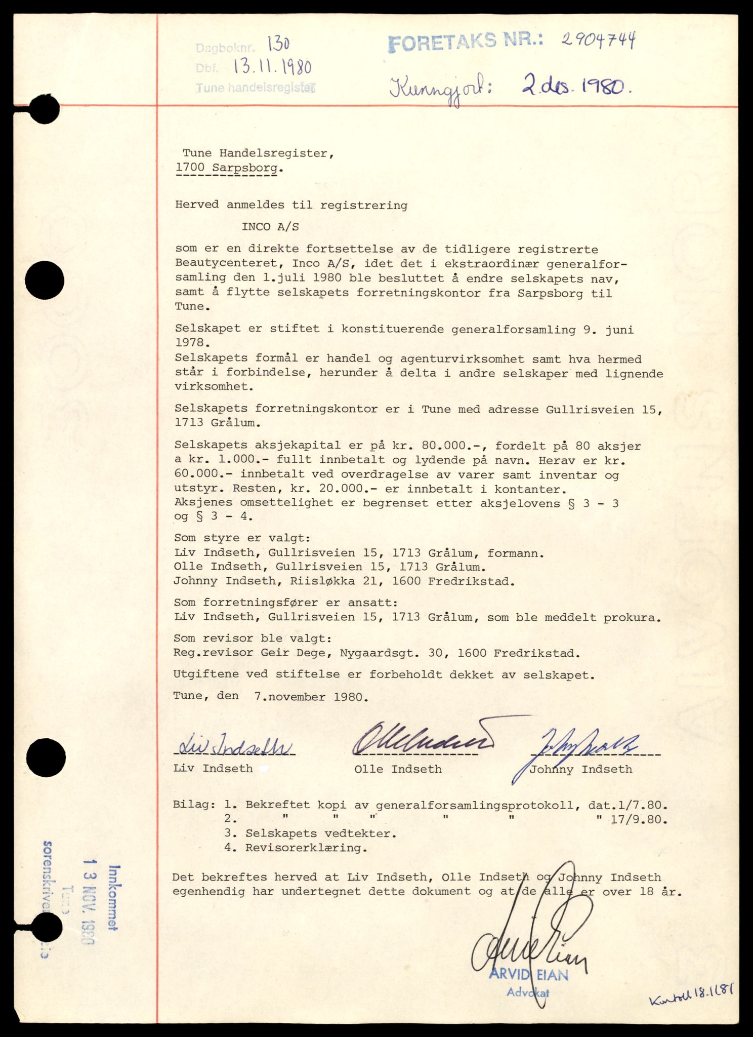 Tune sorenskriveri, SAT/A-10470/K/Ke/Kea/L0024: Enkeltmannsforetak, aksjeselskap og andelslag, I - O, 1984-1987, s. 1