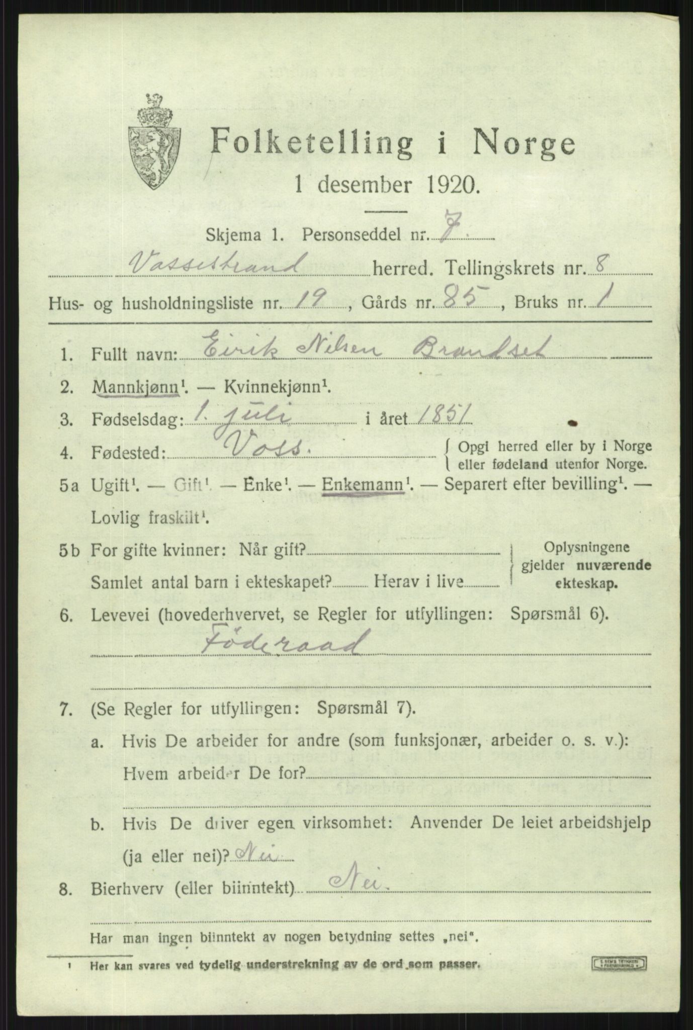 SAB, Folketelling 1920 for 1236 Vossestrand herred, 1920, s. 3888