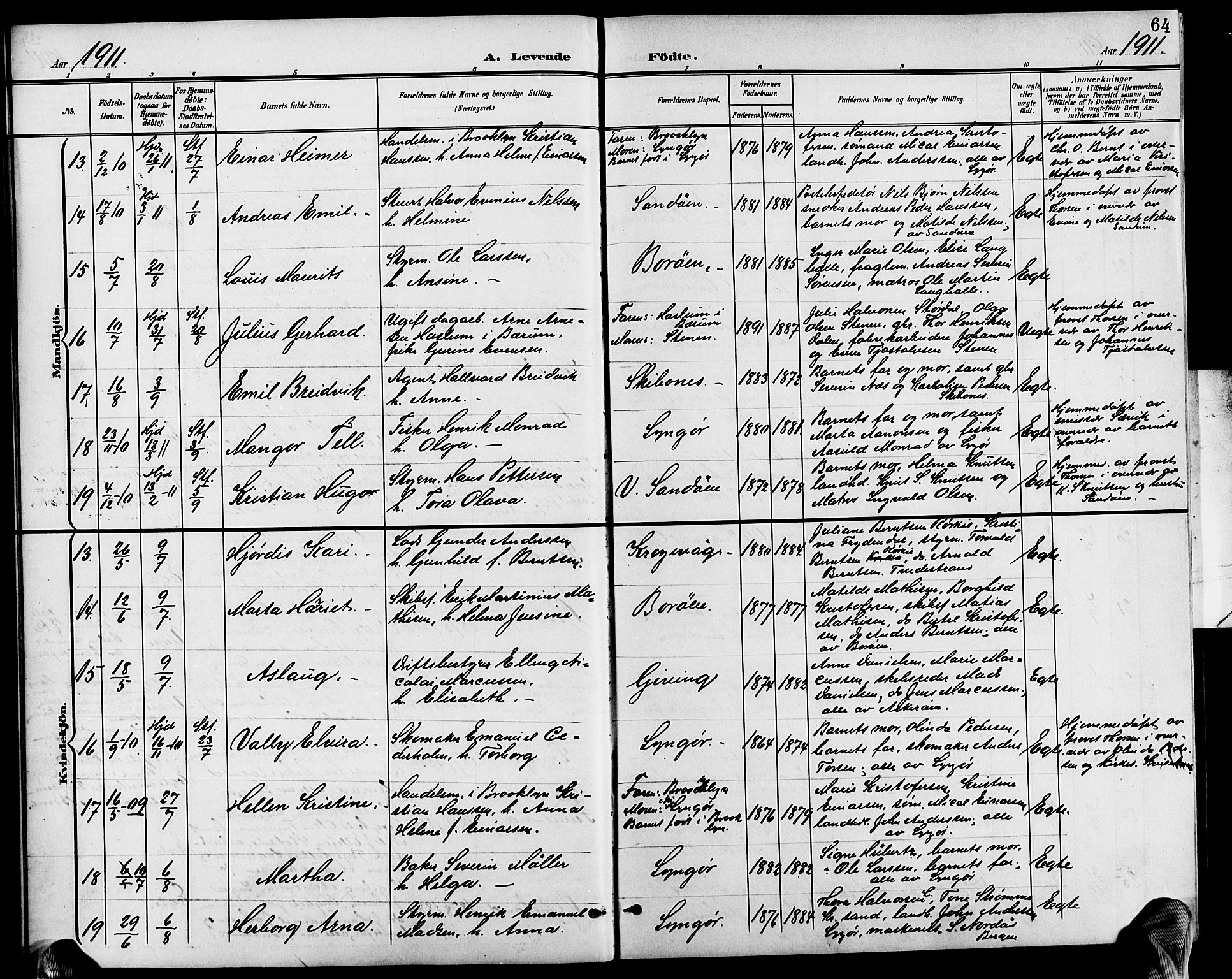 Dypvåg sokneprestkontor, AV/SAK-1111-0007/F/Fb/Fba/L0014: Klokkerbok nr. B 14, 1901-1922, s. 64