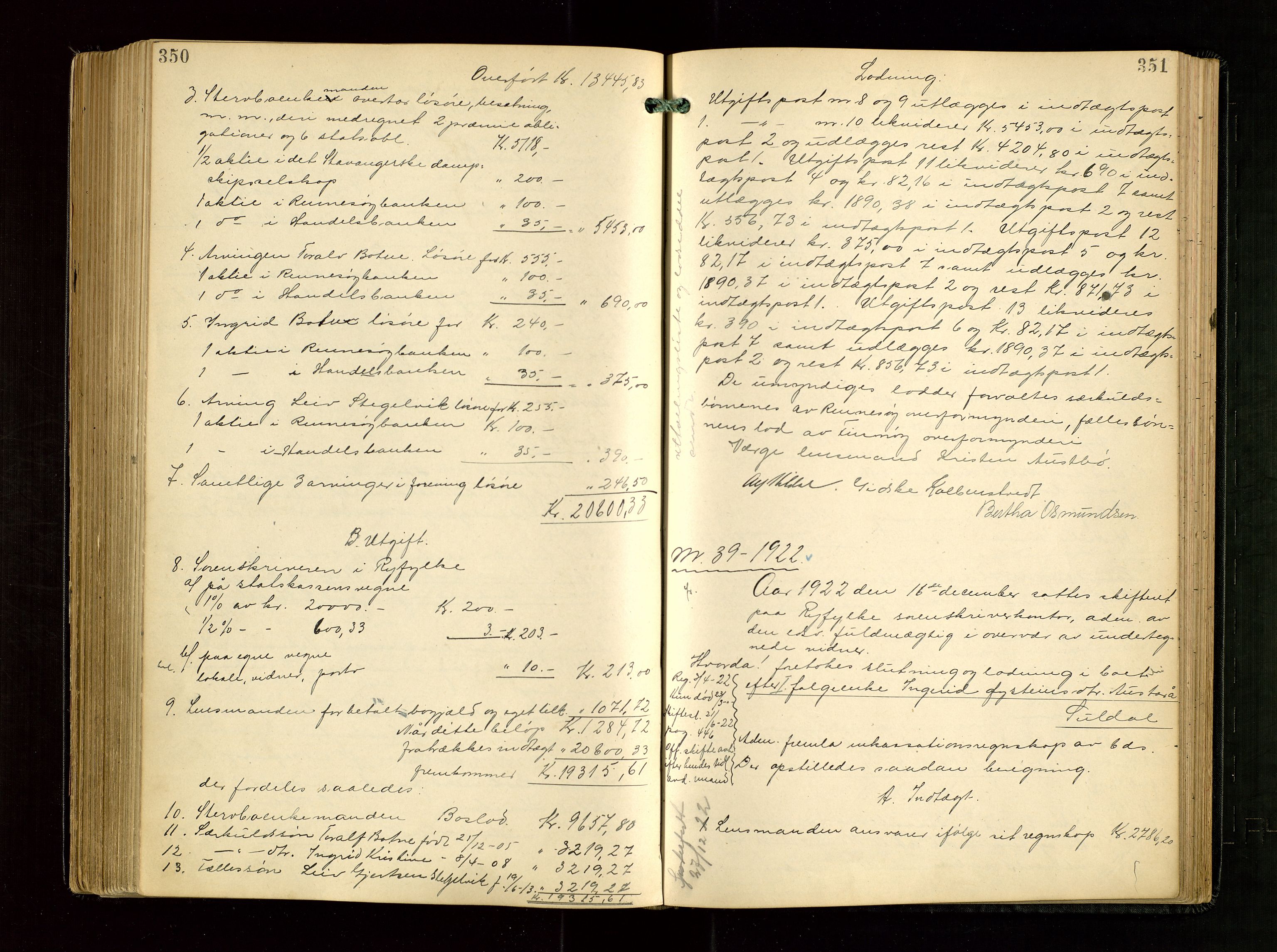 Ryfylke tingrett, AV/SAST-A-100055/001/IV/IVG/L0005: Skifteudlodningsprotokoll Med register, 1918-1924, s. 350-351