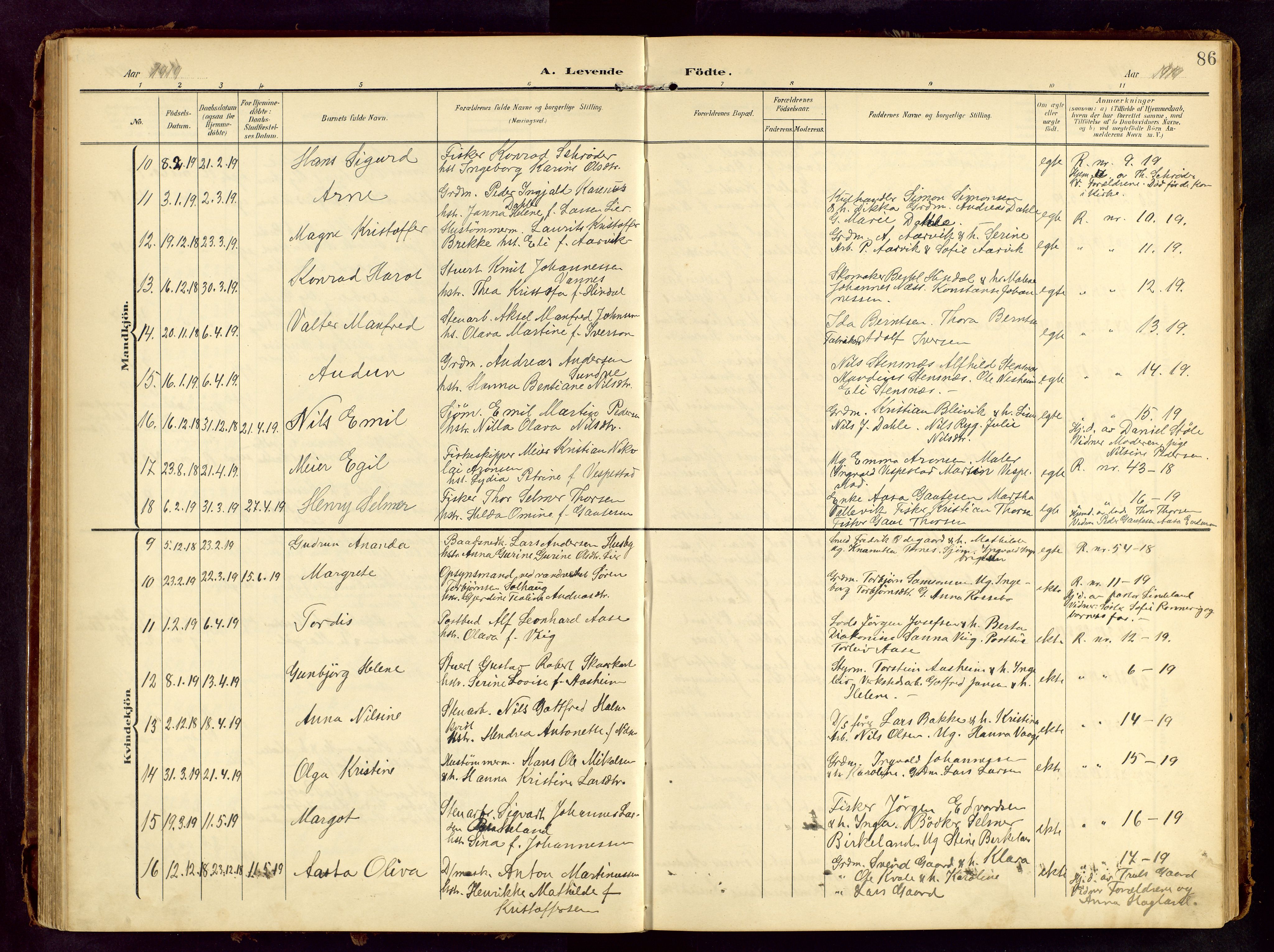 Haugesund sokneprestkontor, AV/SAST-A -101863/H/Ha/Hab/L0006: Klokkerbok nr. B 6, 1906-1944, s. 86