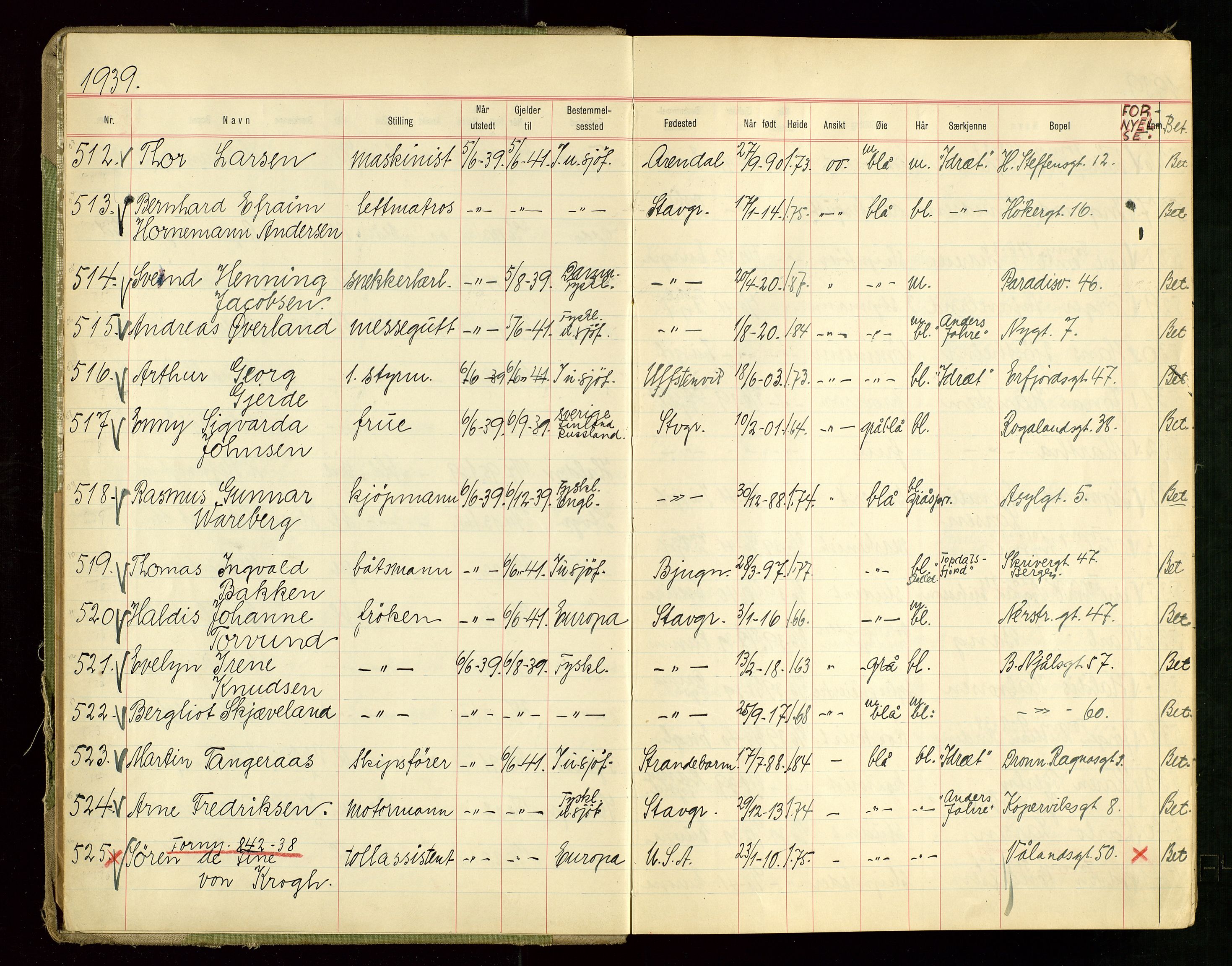 Stavanger politikammer, SAST/A-100361/001/H/Hc/Hcd/Hcdb/L0002: "Pass-protokoll", 1939-1945, s. 5