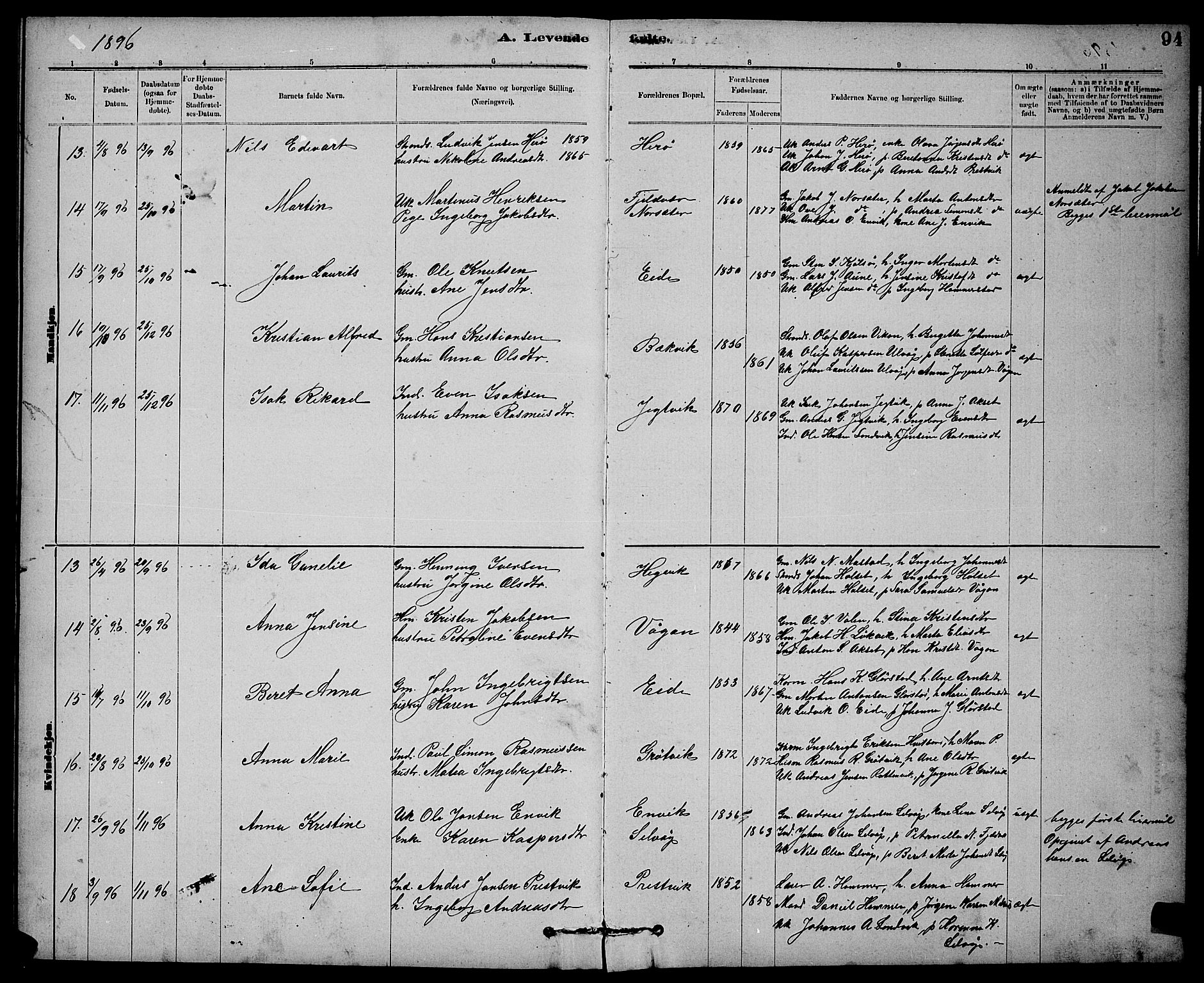 Ministerialprotokoller, klokkerbøker og fødselsregistre - Sør-Trøndelag, SAT/A-1456/637/L0562: Klokkerbok nr. 637C03, 1883-1898, s. 94