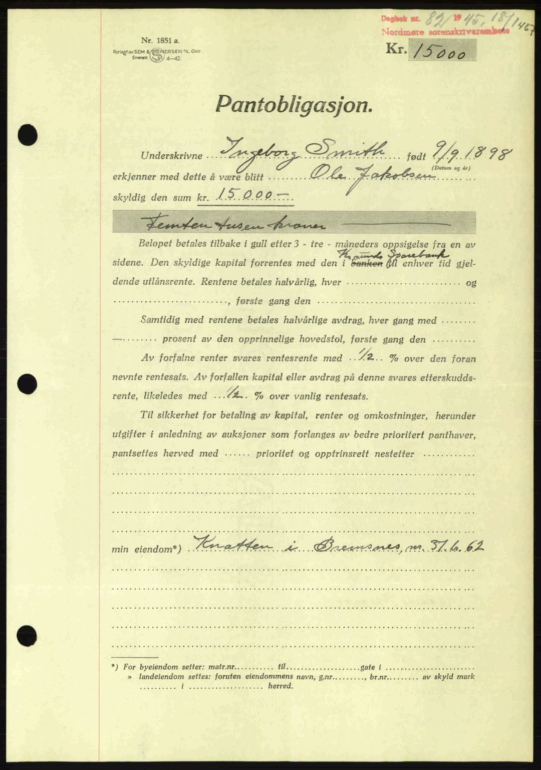 Nordmøre sorenskriveri, AV/SAT-A-4132/1/2/2Ca: Pantebok nr. B92, 1944-1945, Dagboknr: 82/1945