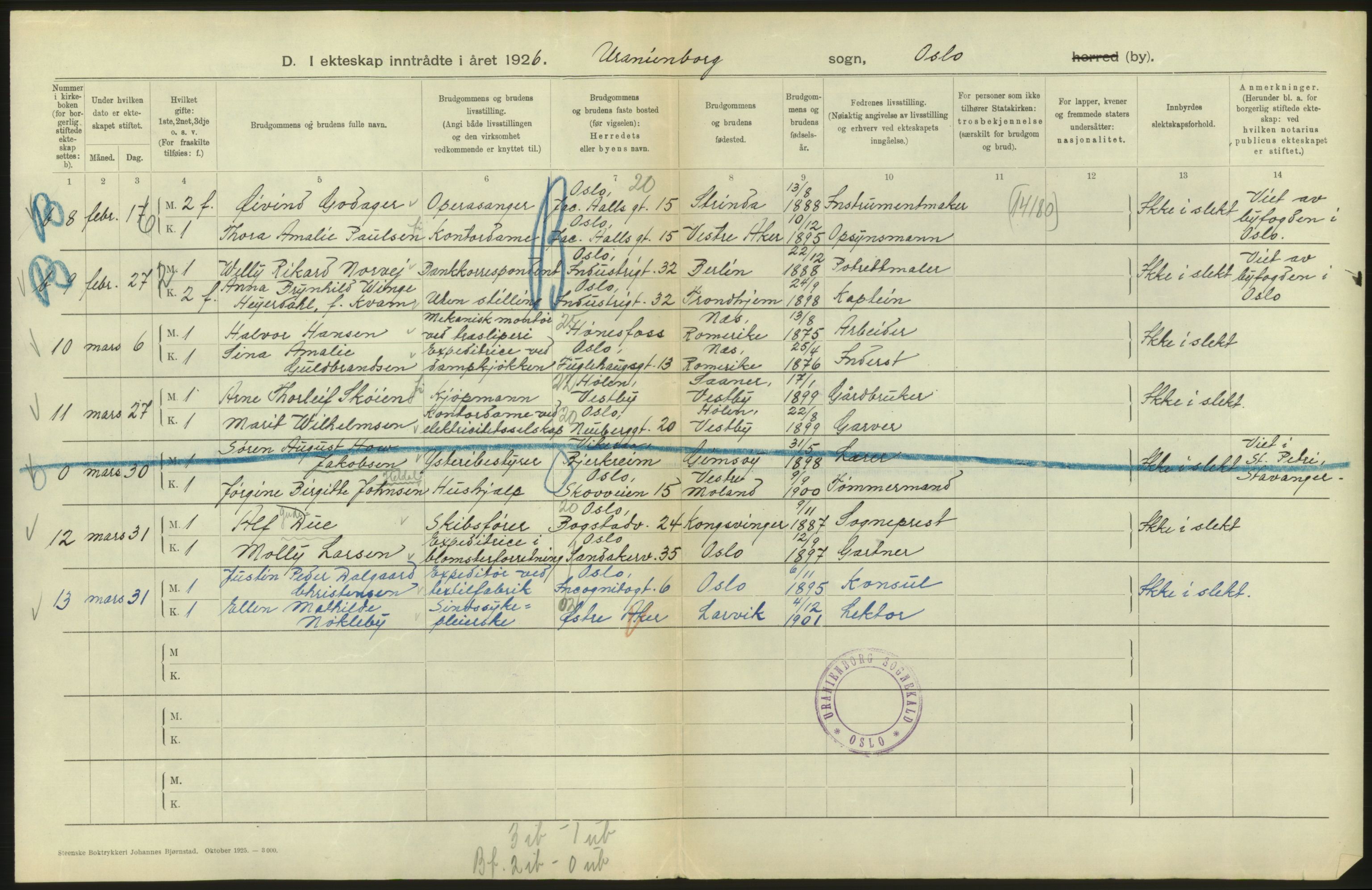 Statistisk sentralbyrå, Sosiodemografiske emner, Befolkning, AV/RA-S-2228/D/Df/Dfc/Dfcf/L0008: Oslo: Gifte, 1926, s. 168