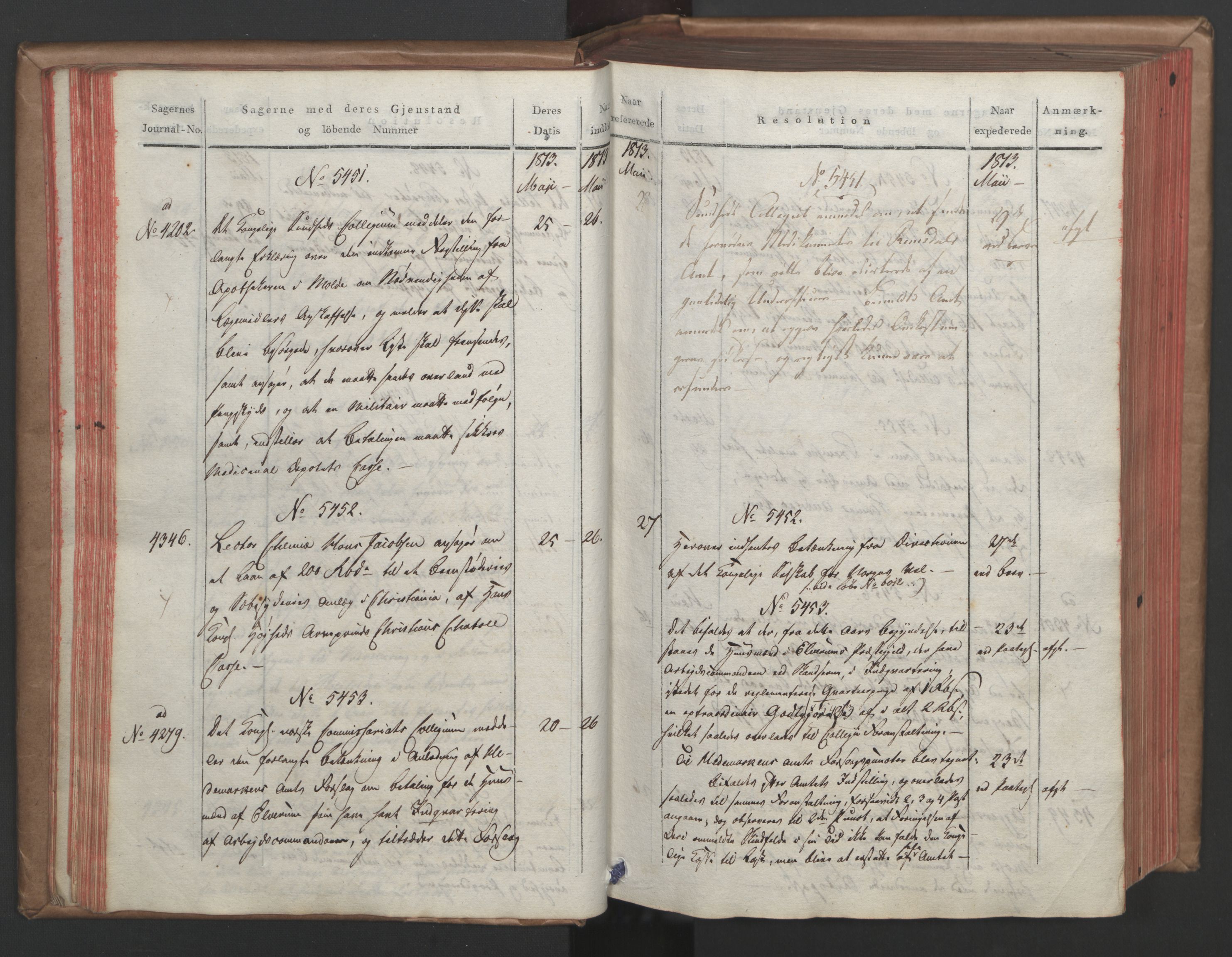 Stattholderembetet 1810-1814, 1. kontor (Kontor A), AV/RA-EA-2872/Ab/L0006: Referatprotokoll,  j.nr. 4244-5022,  l.nr. 5322-6289, 1813, s. 43