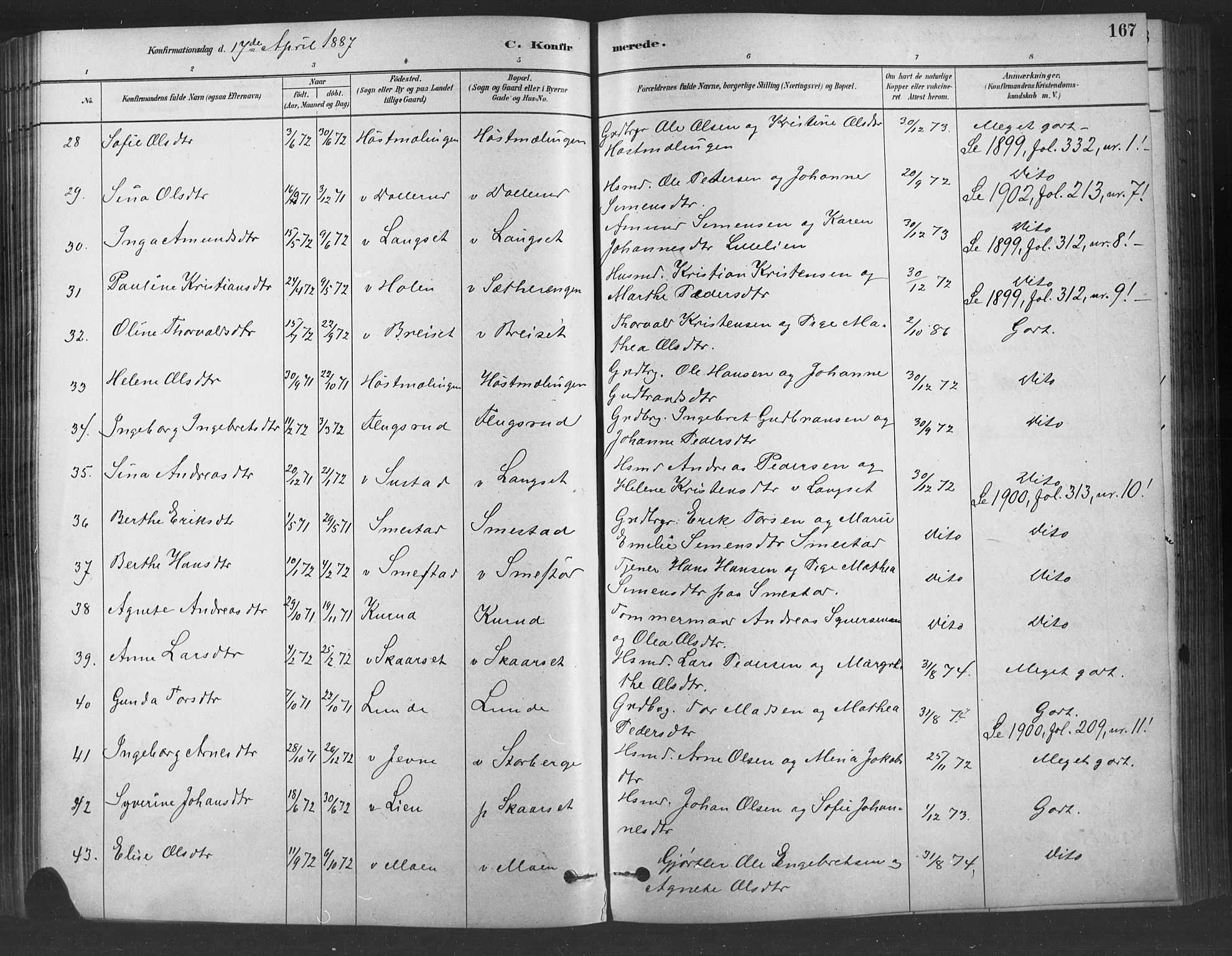 Fåberg prestekontor, AV/SAH-PREST-086/H/Ha/Haa/L0009: Ministerialbok nr. 9, 1879-1898, s. 167