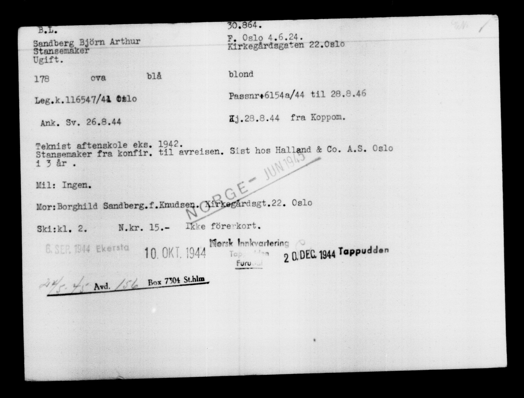 Utenriksstasjonene, Legasjonen i Stockholm, Flyktningkontoret, AV/RA-S-6753/V/Va/L0012: Kjesäterkartoteket, flyktninger med registreringsnr. 28300-31566, 1940-1945, s. 2786