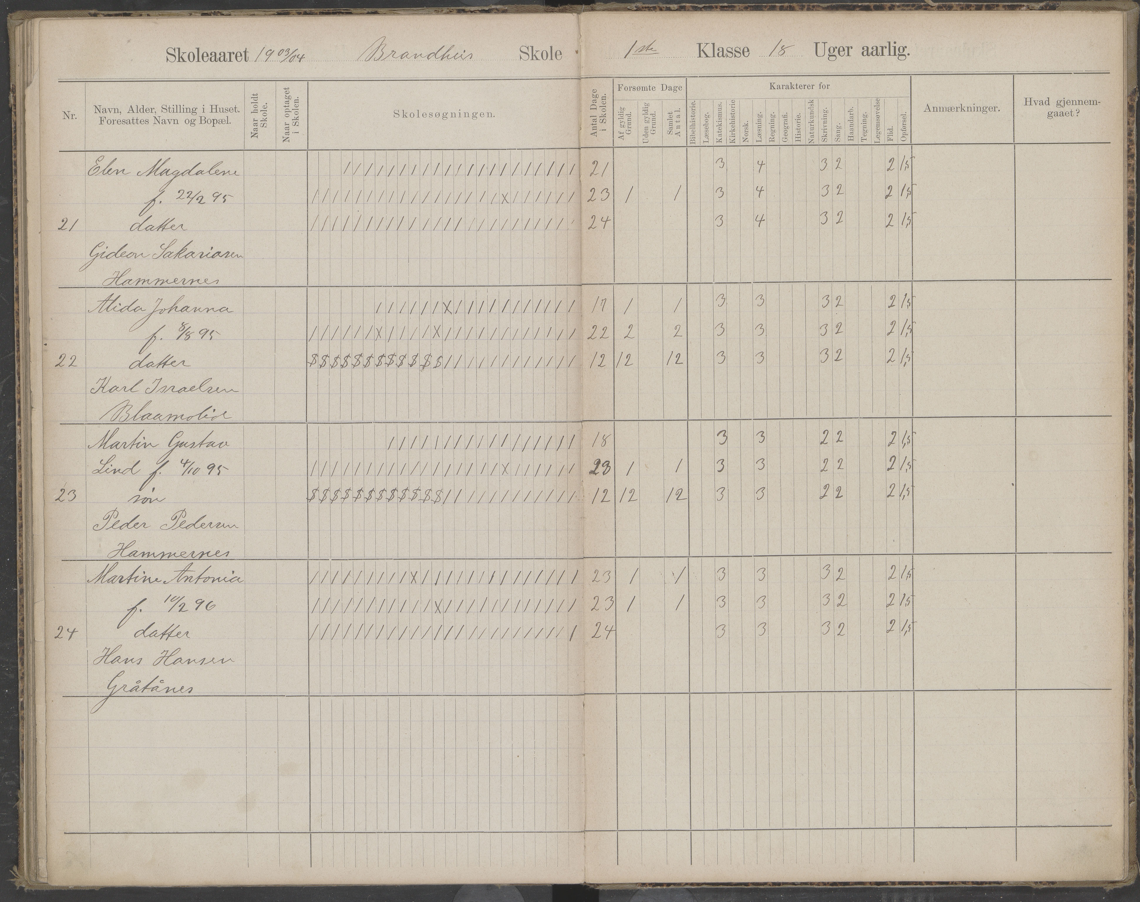 Beiarn kommune. Brandhei skolekrets, AIN/K-18390.510.03/442/L0003: Karakter/oversiktsprotokoll, 1893-1910