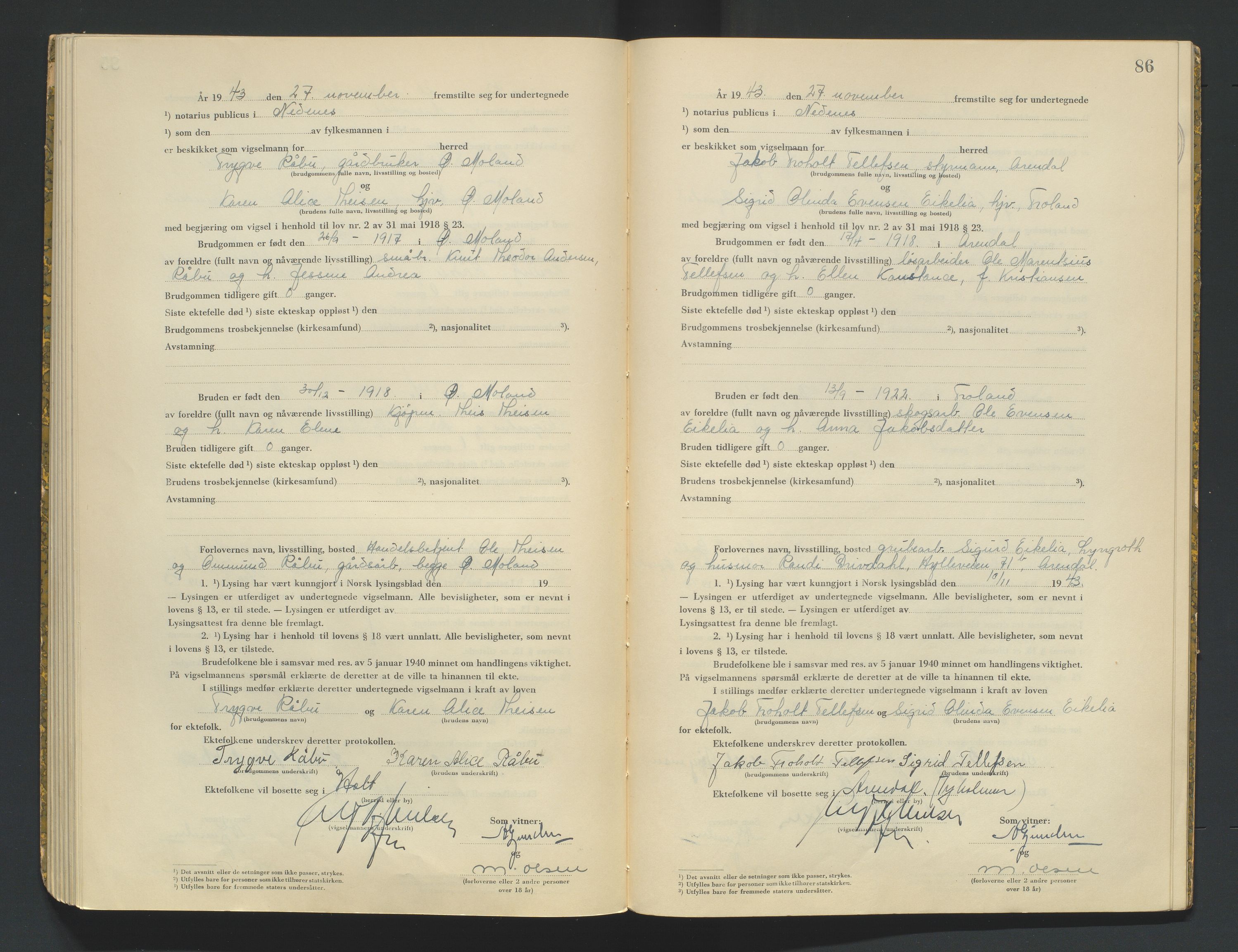 Nedenes sorenskriveri, SAK/1221-0006/L/Ld/L0002/0002: Vigselsbøker / Vigselbok, 1942-1943, s. 86