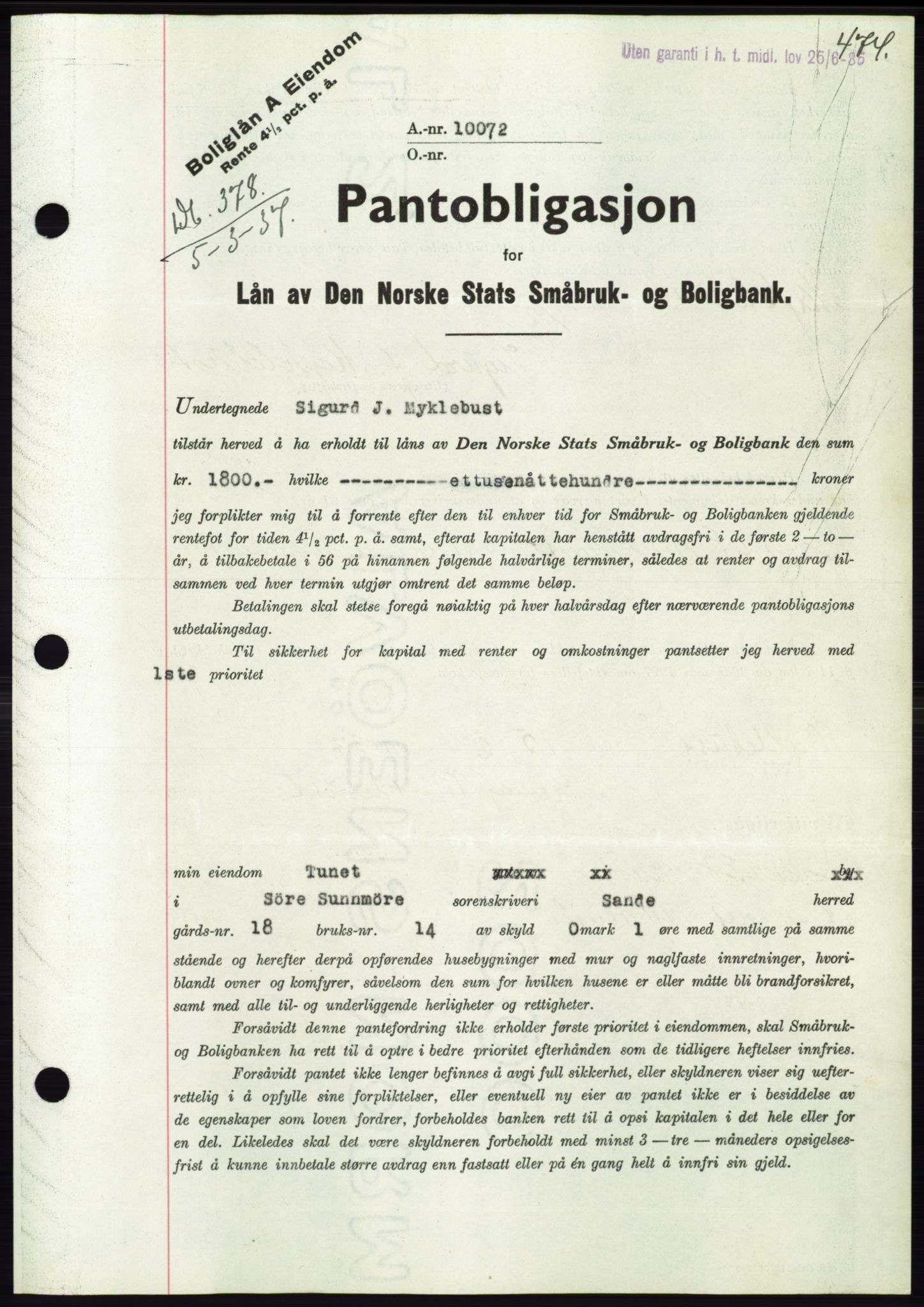 Søre Sunnmøre sorenskriveri, AV/SAT-A-4122/1/2/2C/L0062: Pantebok nr. 56, 1936-1937, Dagboknr: 378/1937