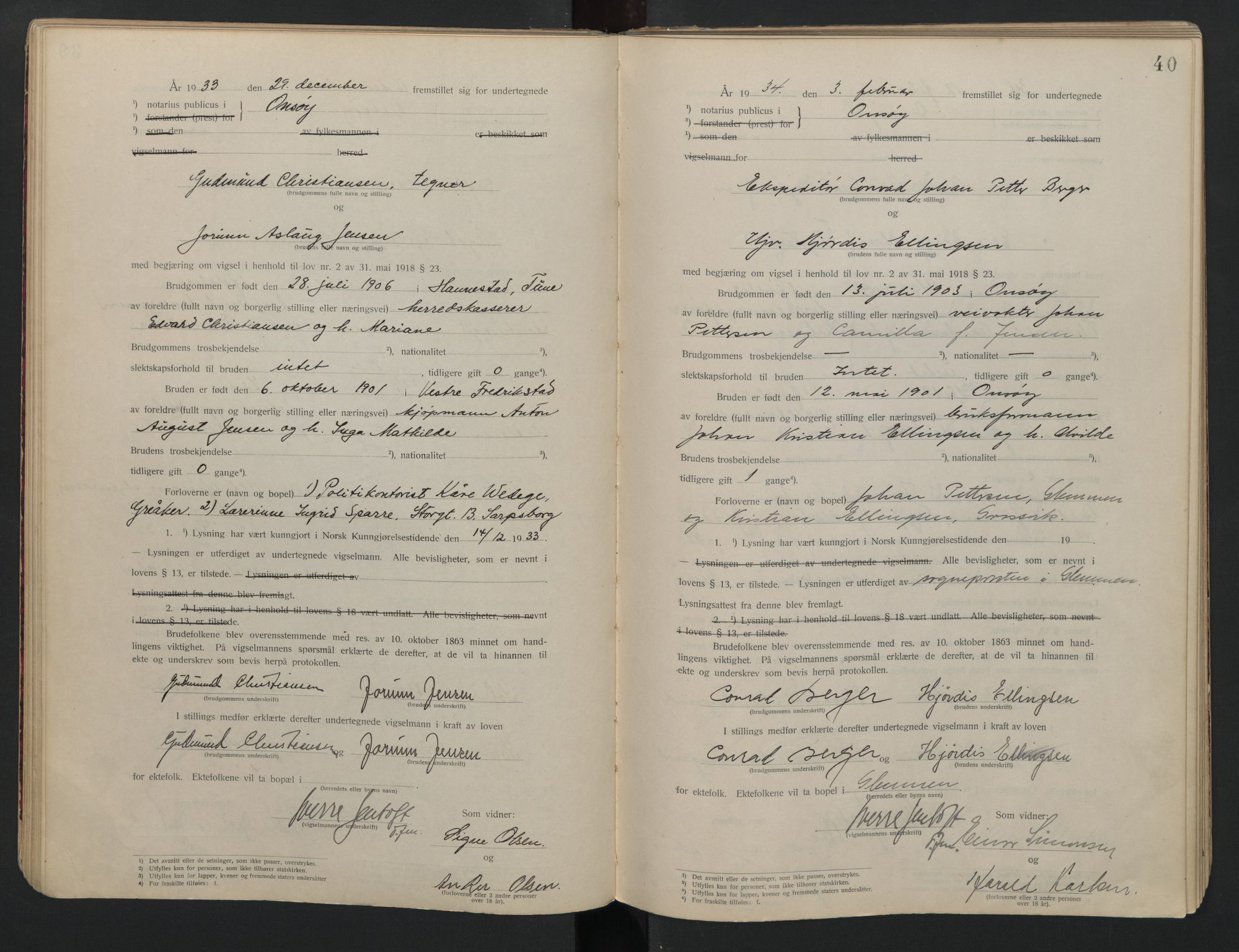 Onsøy sorenskriveri, AV/SAO-A-10474/L/La/L0001: Vigselsbok, 1920-1942, s. 40