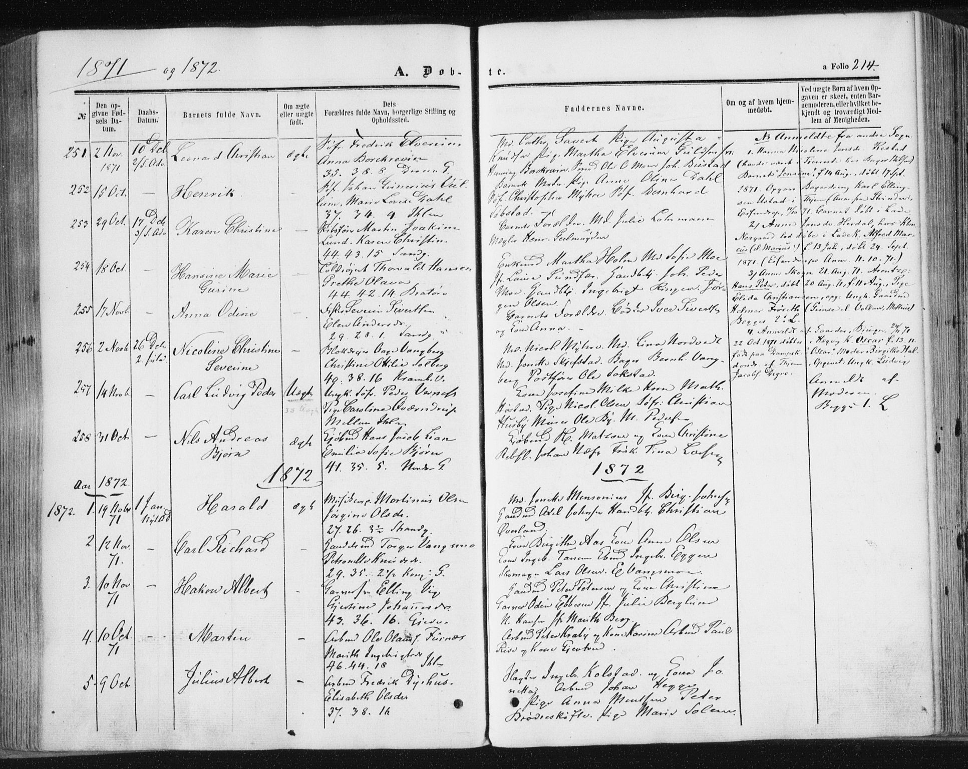 Ministerialprotokoller, klokkerbøker og fødselsregistre - Sør-Trøndelag, SAT/A-1456/602/L0115: Ministerialbok nr. 602A13, 1860-1872, s. 214
