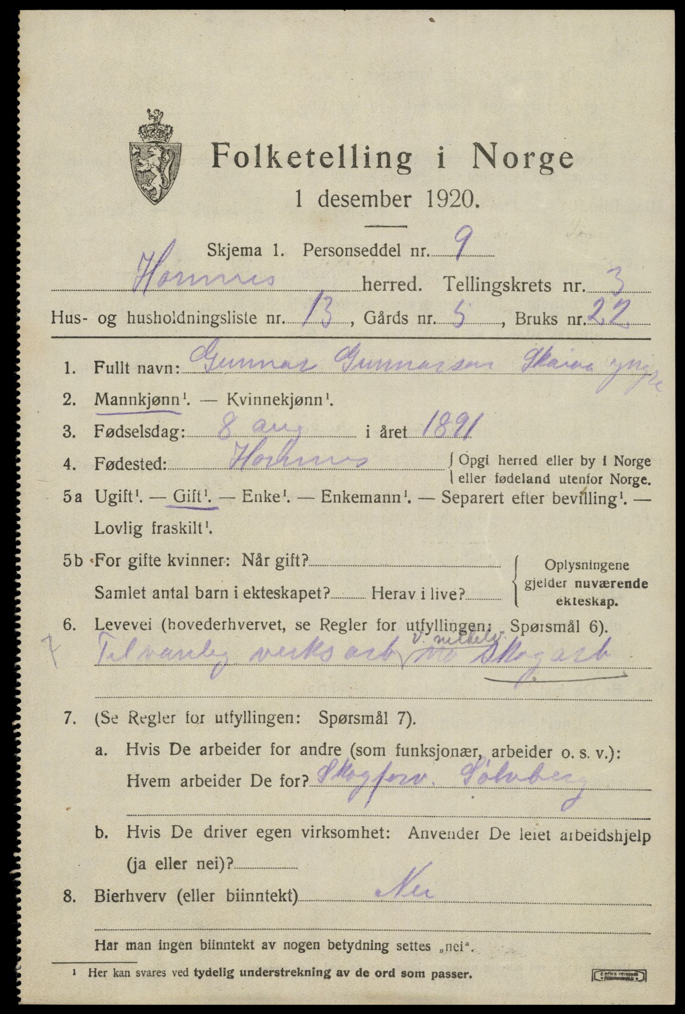 SAK, Folketelling 1920 for 0936 Hornnes herred, 1920, s. 959