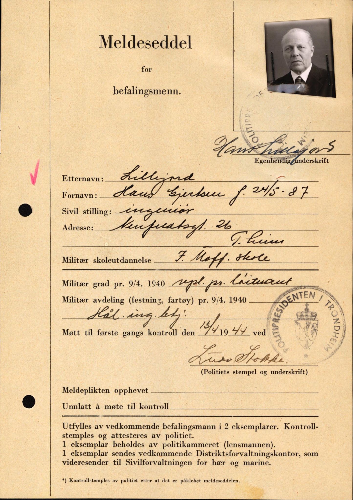 Forsvaret, Forsvarets krigshistoriske avdeling, AV/RA-RAFA-2017/Y/Yf/L0209: II-C-11-2121  -  Okkupasjonstiden.  Meldesedler for befal med foto og oppl. om militær grad 9. apr. 1940., 1944-1945, s. 89