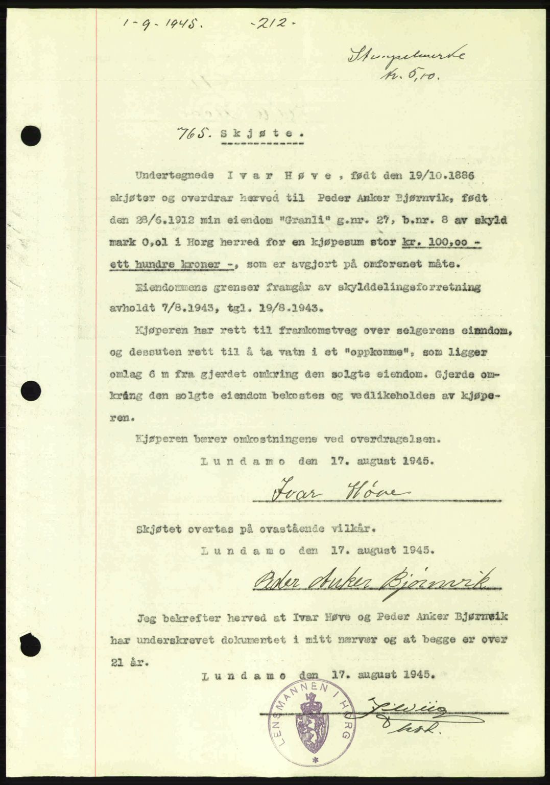Gauldal sorenskriveri, SAT/A-0014/1/2/2C: Pantebok nr. A1a, 1945-1945, Dagboknr: 765/1945