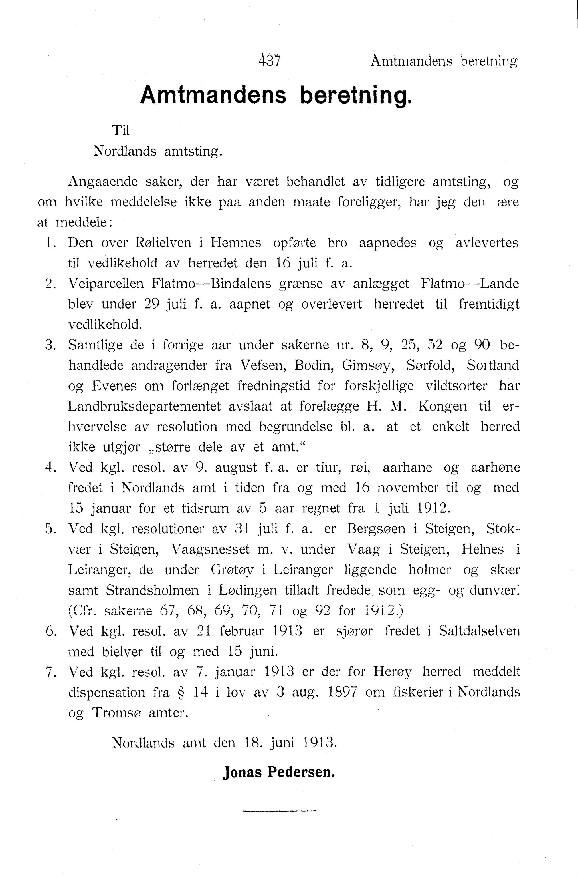 Nordland Fylkeskommune. Fylkestinget, AIN/NFK-17/176/A/Ac/L0036: Fylkestingsforhandlinger 1913, 1913