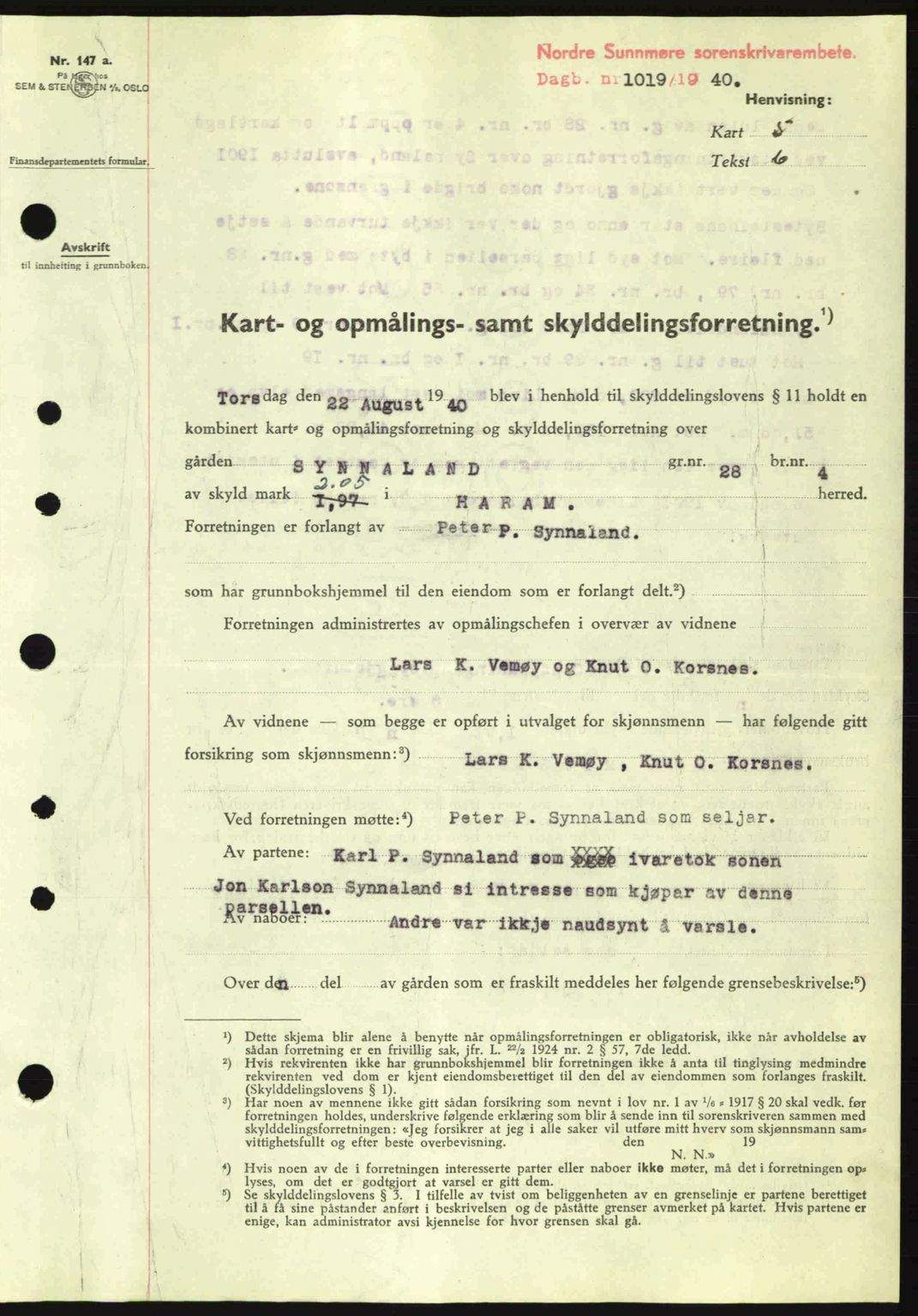 Nordre Sunnmøre sorenskriveri, AV/SAT-A-0006/1/2/2C/2Ca: Pantebok nr. A9, 1940-1940, Dagboknr: 1019/1940