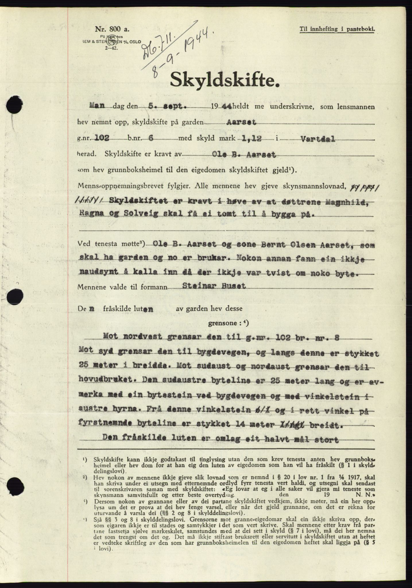 Søre Sunnmøre sorenskriveri, AV/SAT-A-4122/1/2/2C/L0076: Pantebok nr. 2A, 1943-1944, Dagboknr: 711/1944