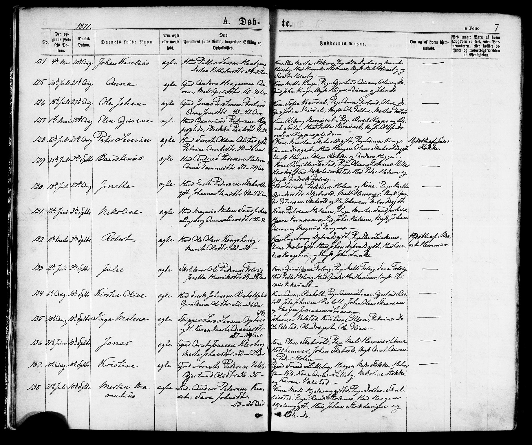 Ministerialprotokoller, klokkerbøker og fødselsregistre - Nord-Trøndelag, AV/SAT-A-1458/709/L0076: Ministerialbok nr. 709A16, 1871-1879, s. 7