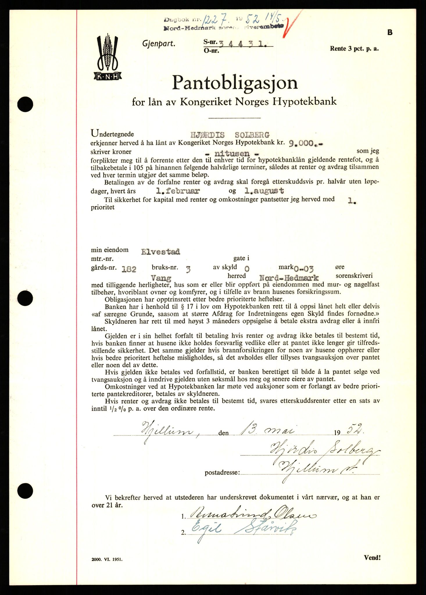 Nord-Hedmark sorenskriveri, SAH/TING-012/H/Hb/Hbf/L0025: Pantebok nr. B25, 1952-1952, Dagboknr: 1227/1952