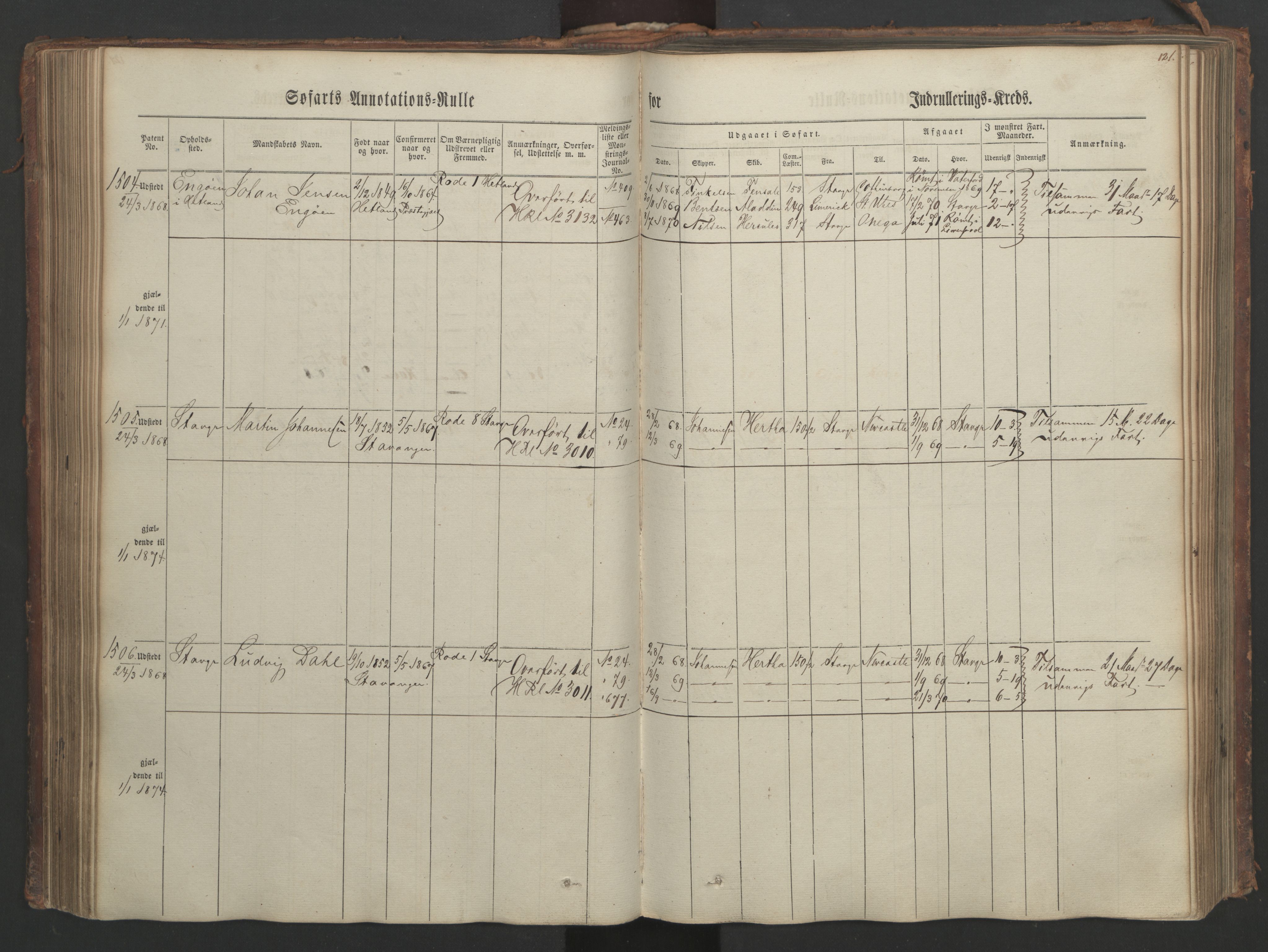 Stavanger sjømannskontor, AV/SAST-A-102006/F/Ff/L0003: Annotasjonsrulle, patentnr. 1144-1761, 1866, s. 139