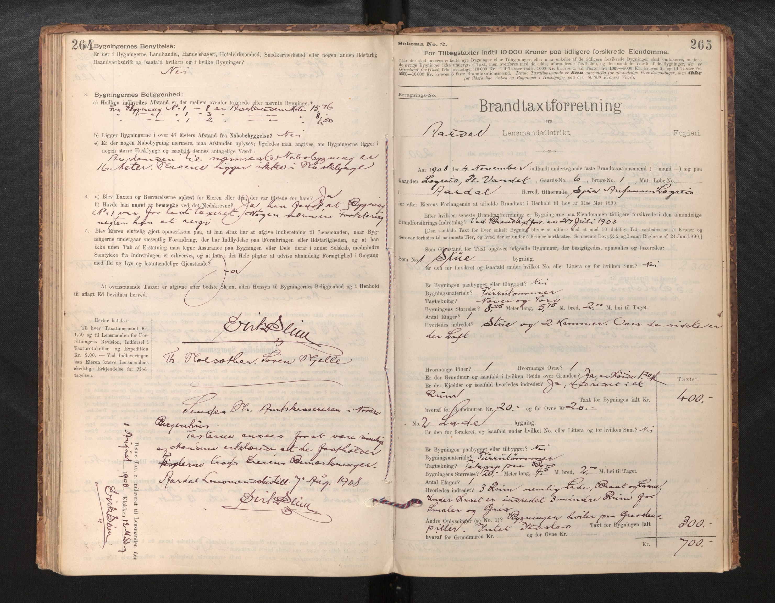 Lensmannen i Årdal, AV/SAB-A-30501/0012/L0008: Branntakstprotokoll, skjematakst, 1895-1915, s. 264-265