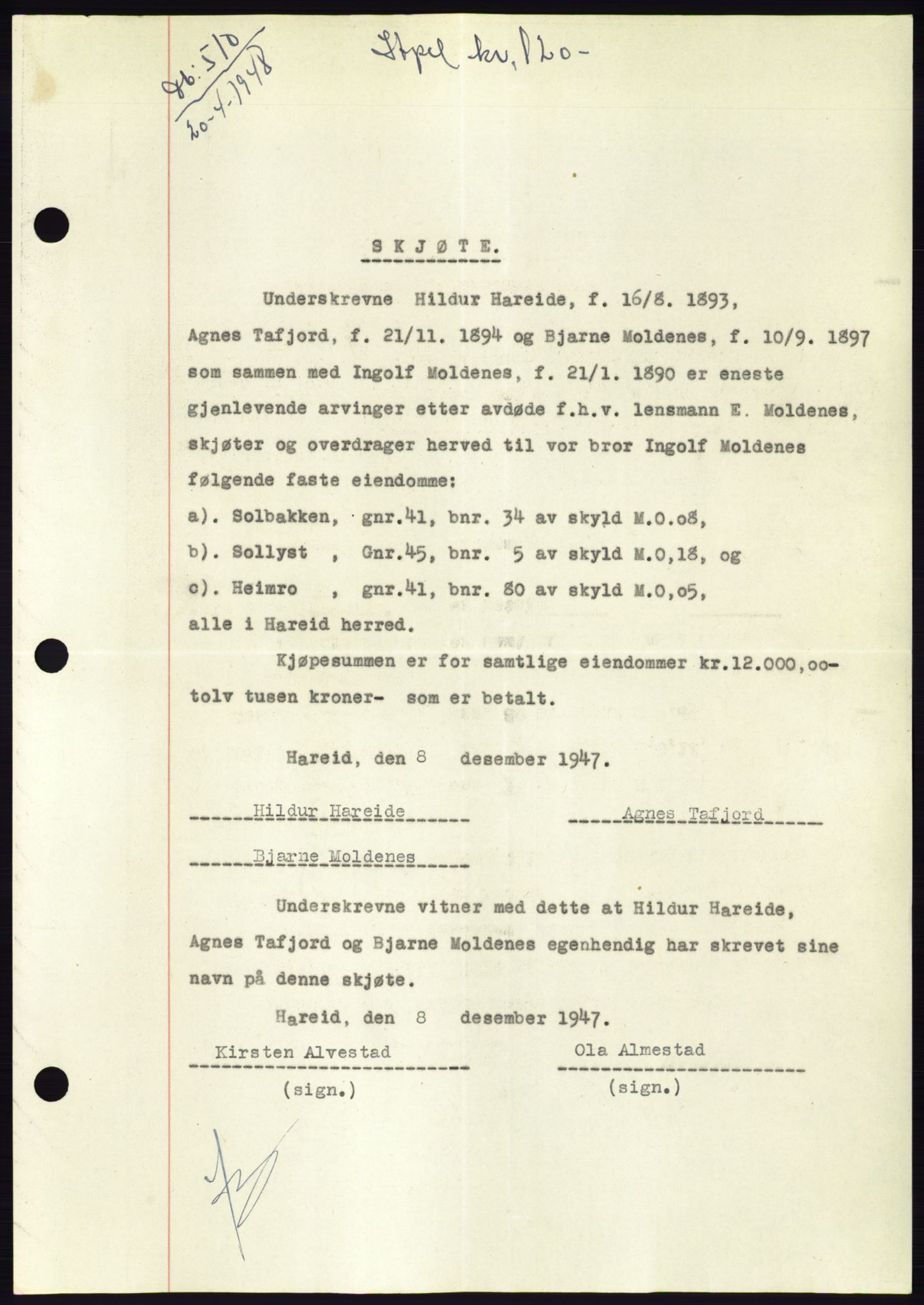 Søre Sunnmøre sorenskriveri, SAT/A-4122/1/2/2C/L0082: Pantebok nr. 8A, 1948-1948, Dagboknr: 510/1948