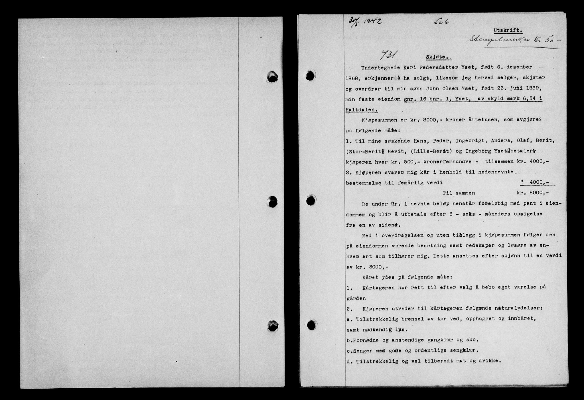 Gauldal sorenskriveri, SAT/A-0014/1/2/2C/L0054: Pantebok nr. 59, 1941-1942, Dagboknr: 731/1942