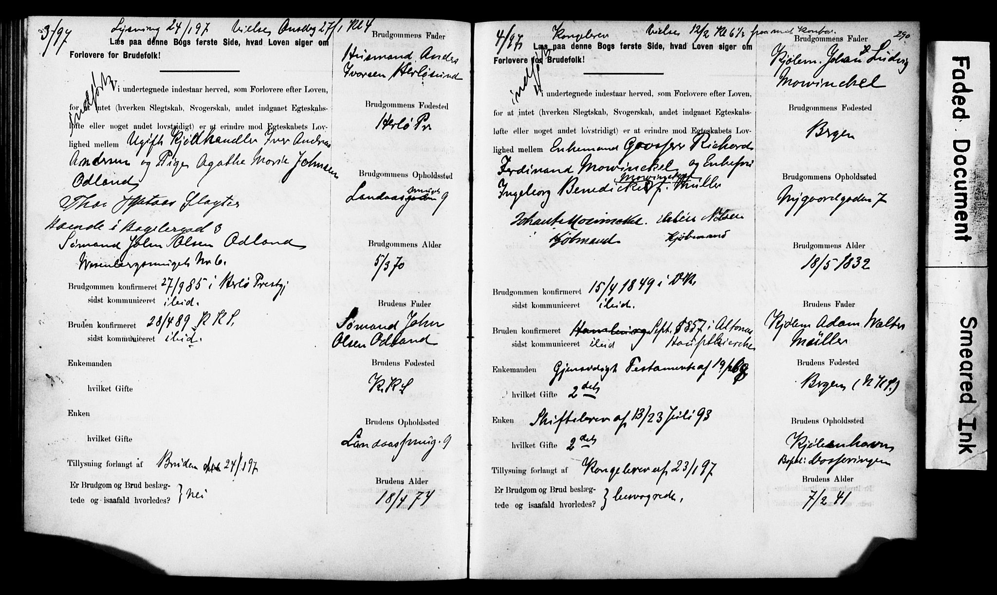 Korskirken sokneprestembete, SAB/A-76101: Forlovererklæringer nr. II.5.6, 1889-1898, s. 290
