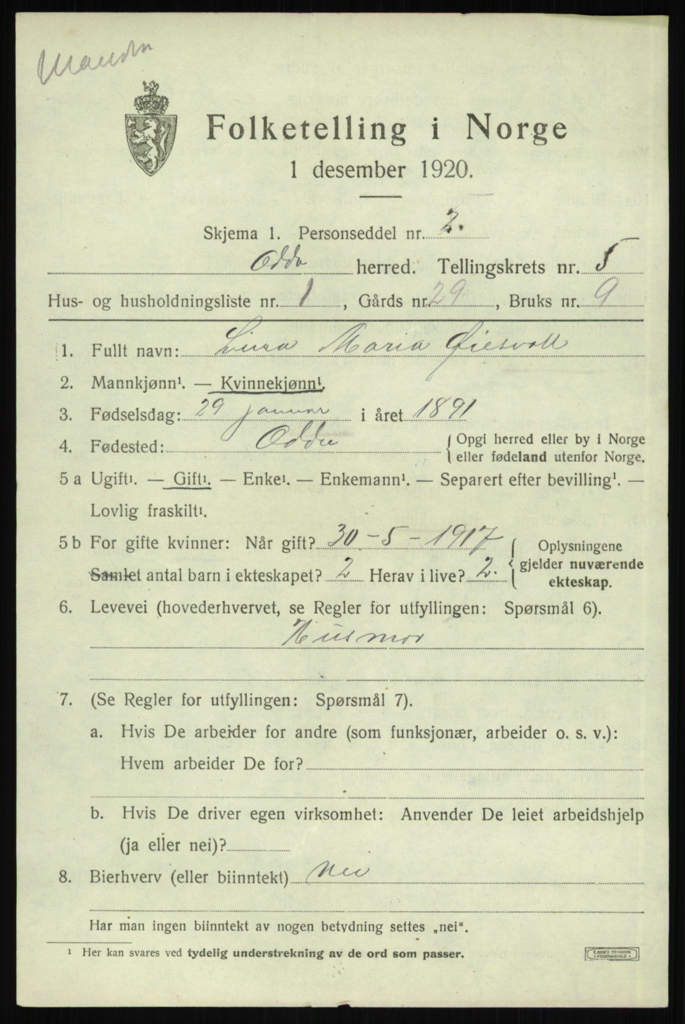 SAB, Folketelling 1920 for 1228 Odda herred, 1920, s. 3161