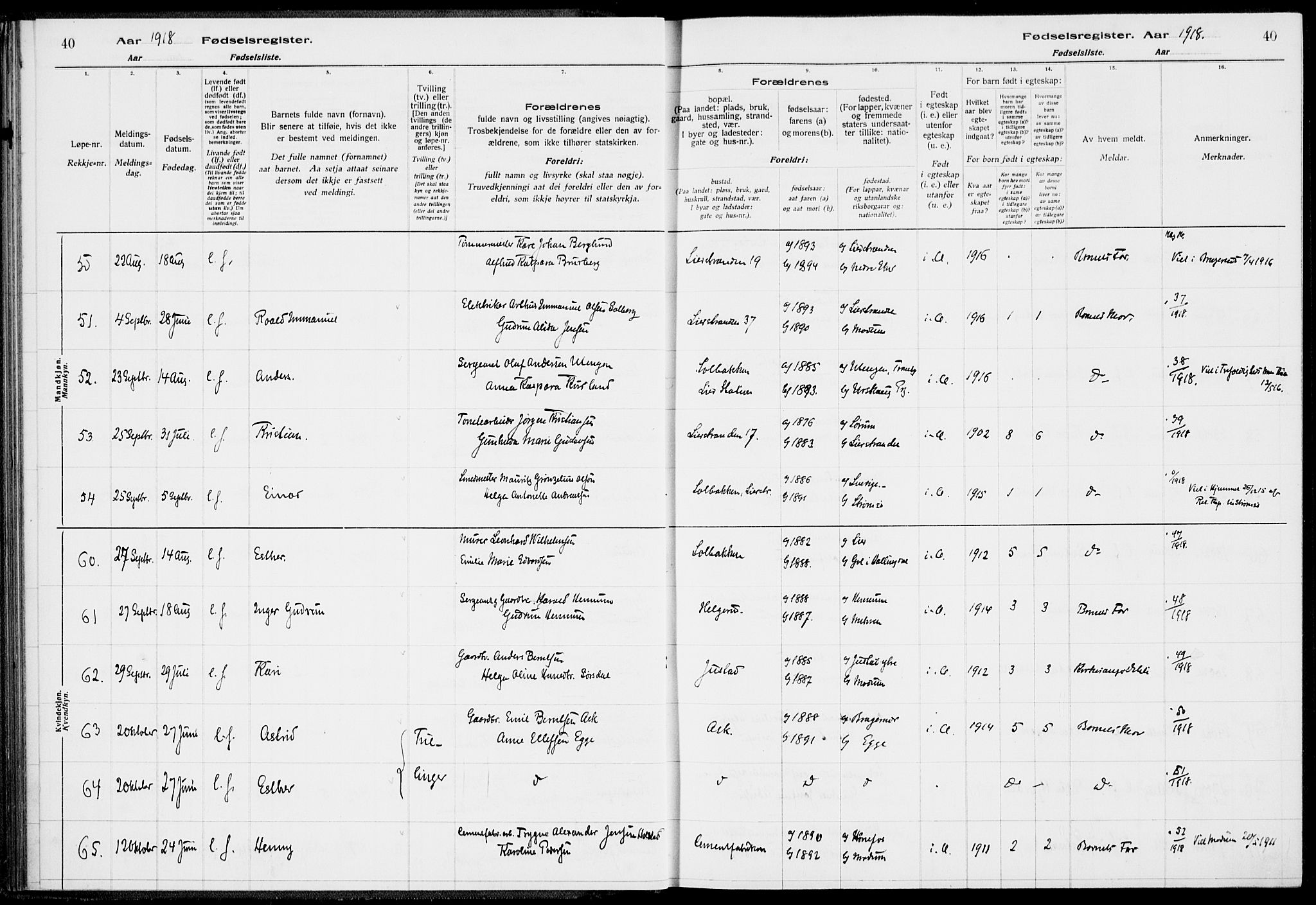 Lier kirkebøker, AV/SAKO-A-230/J/Ja/L0001: Fødselsregister nr. 1, 1916-1928, s. 40