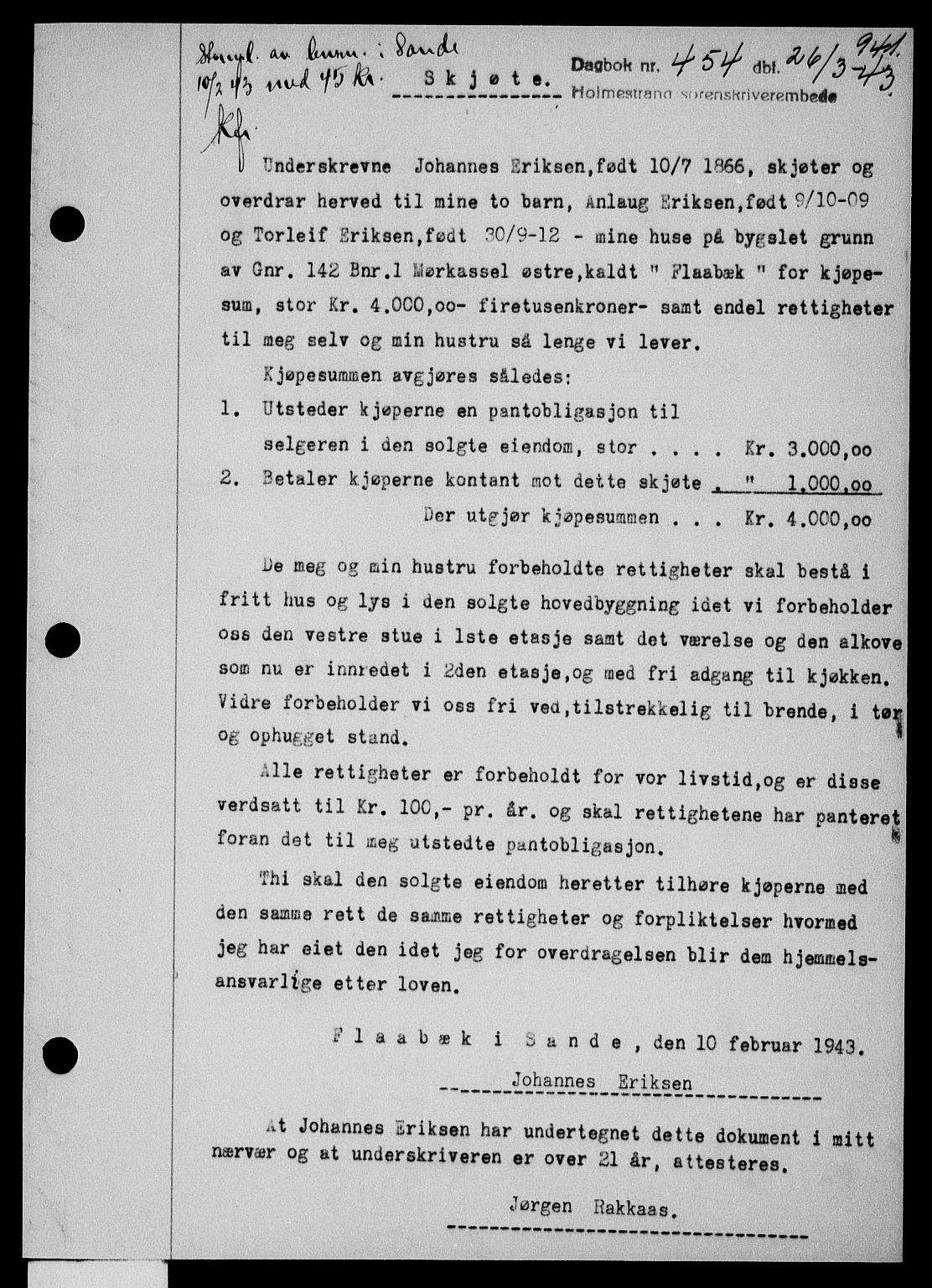 Holmestrand sorenskriveri, SAKO/A-67/G/Ga/Gaa/L0056: Pantebok nr. A-56, 1942-1943, Dagboknr: 454/1943
