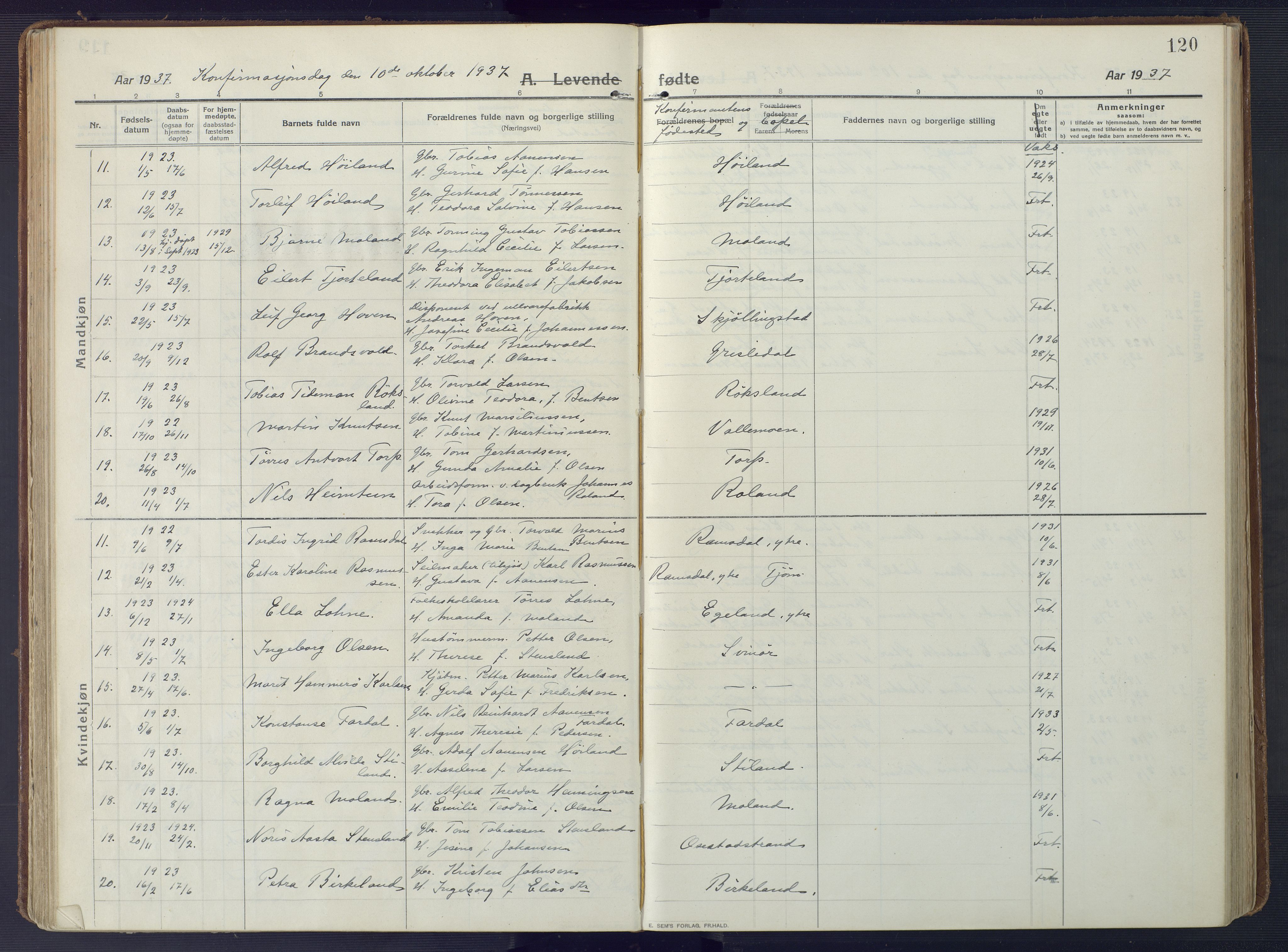 Sør-Audnedal sokneprestkontor, SAK/1111-0039/F/Fa/Fab/L0011: Ministerialbok nr. A 11, 1912-1938, s. 120