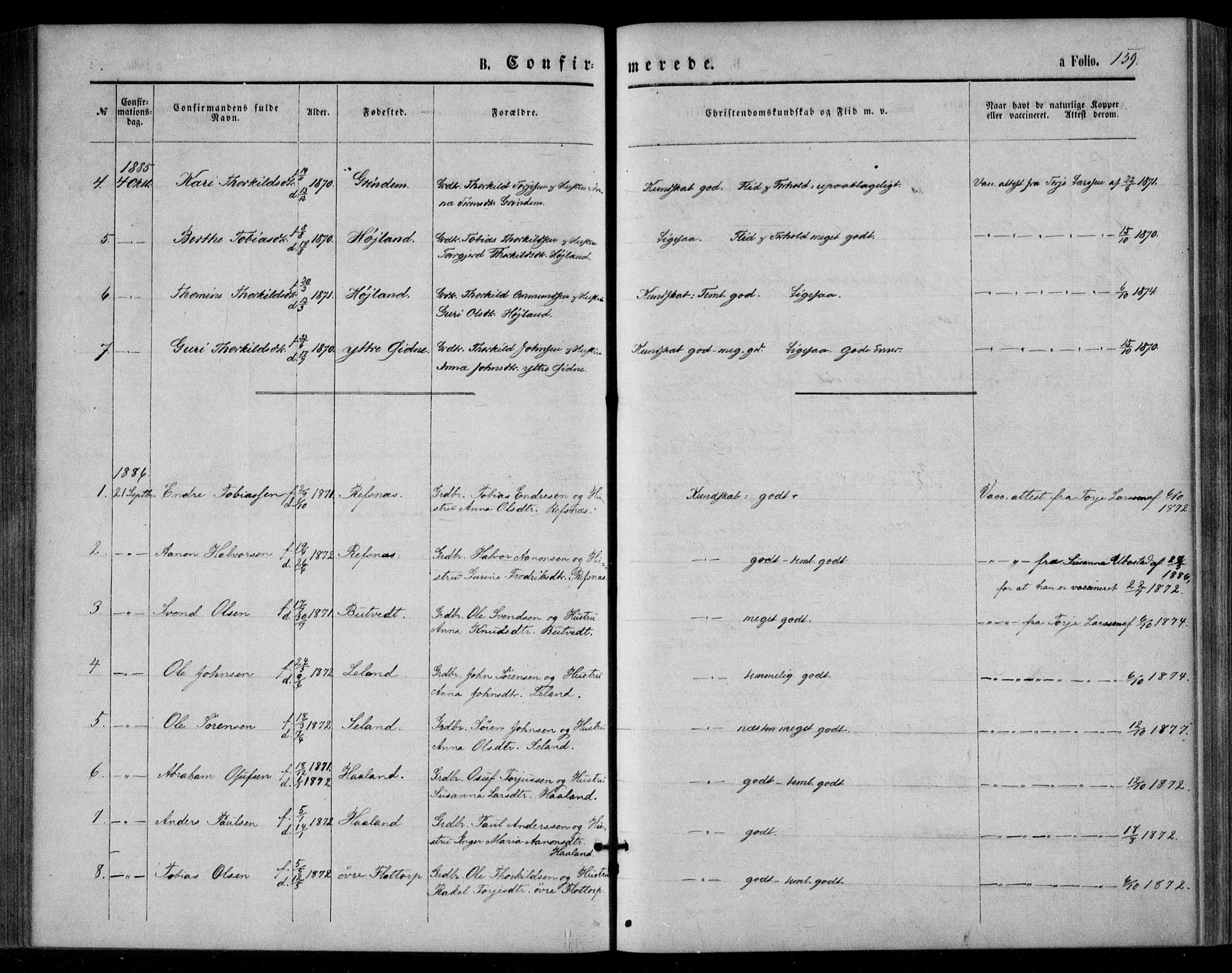 Bjelland sokneprestkontor, SAK/1111-0005/F/Fa/Fac/L0002: Ministerialbok nr. A 2, 1866-1887, s. 159
