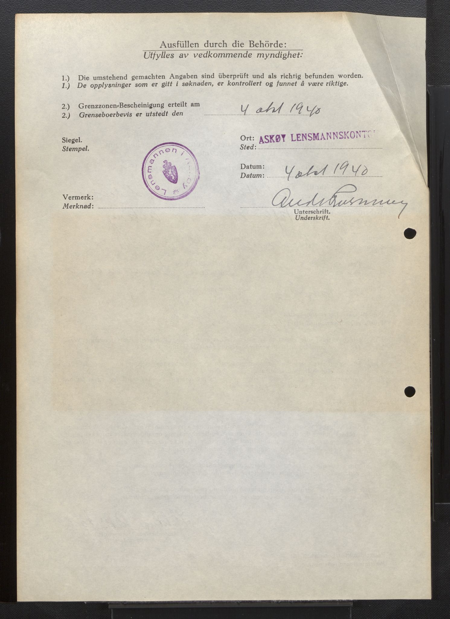 Lensmannen i Askøy, SAB/A-31001/0026/L0005: Søknader om grensebuarbevis 851 - 1275, 1940, s. 50