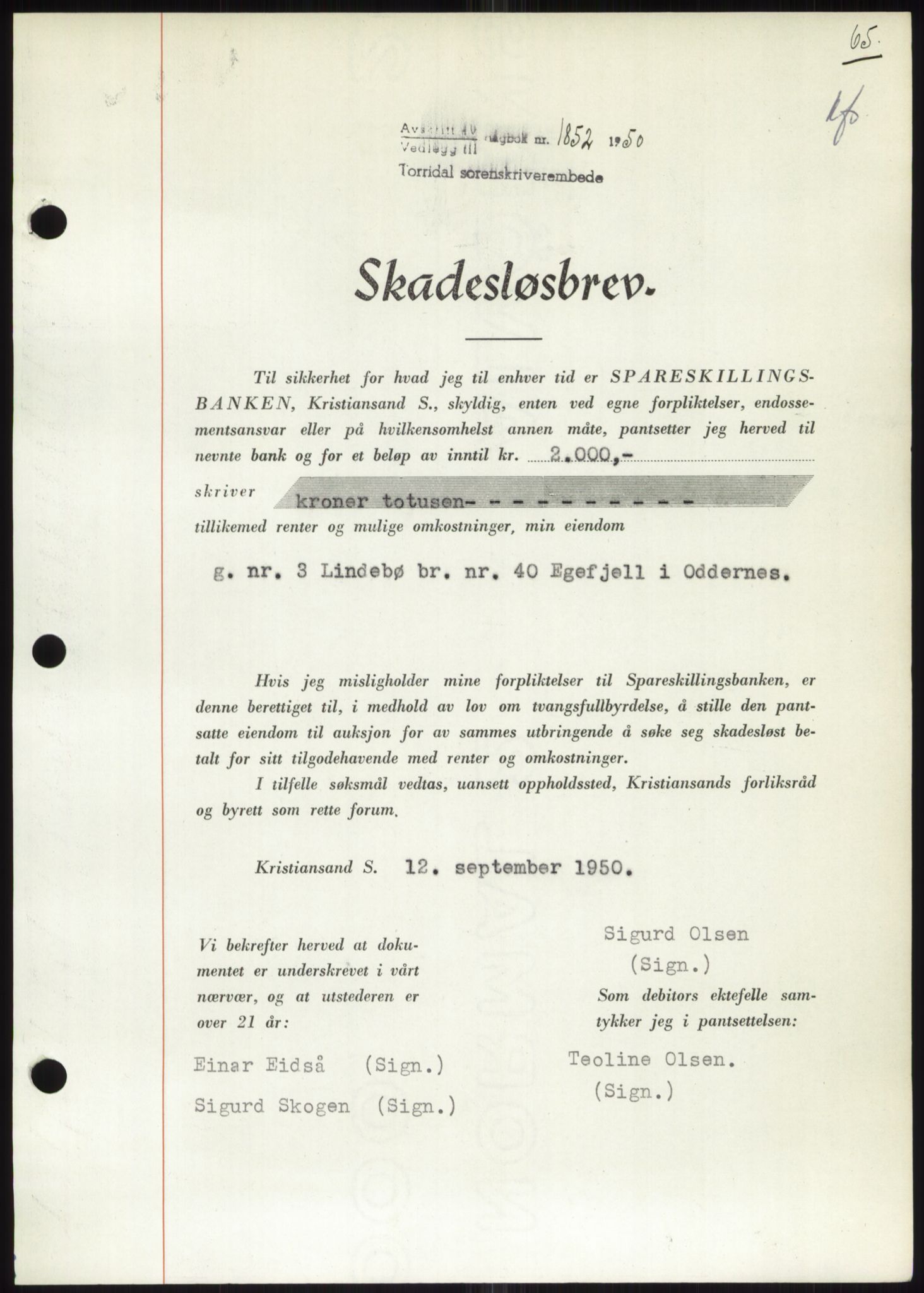 Torridal sorenskriveri, SAK/1221-0012/G/Gb/Gbb/L0020: Pantebok nr. 63B, 1950-1950, Dagboknr: 1852/1950
