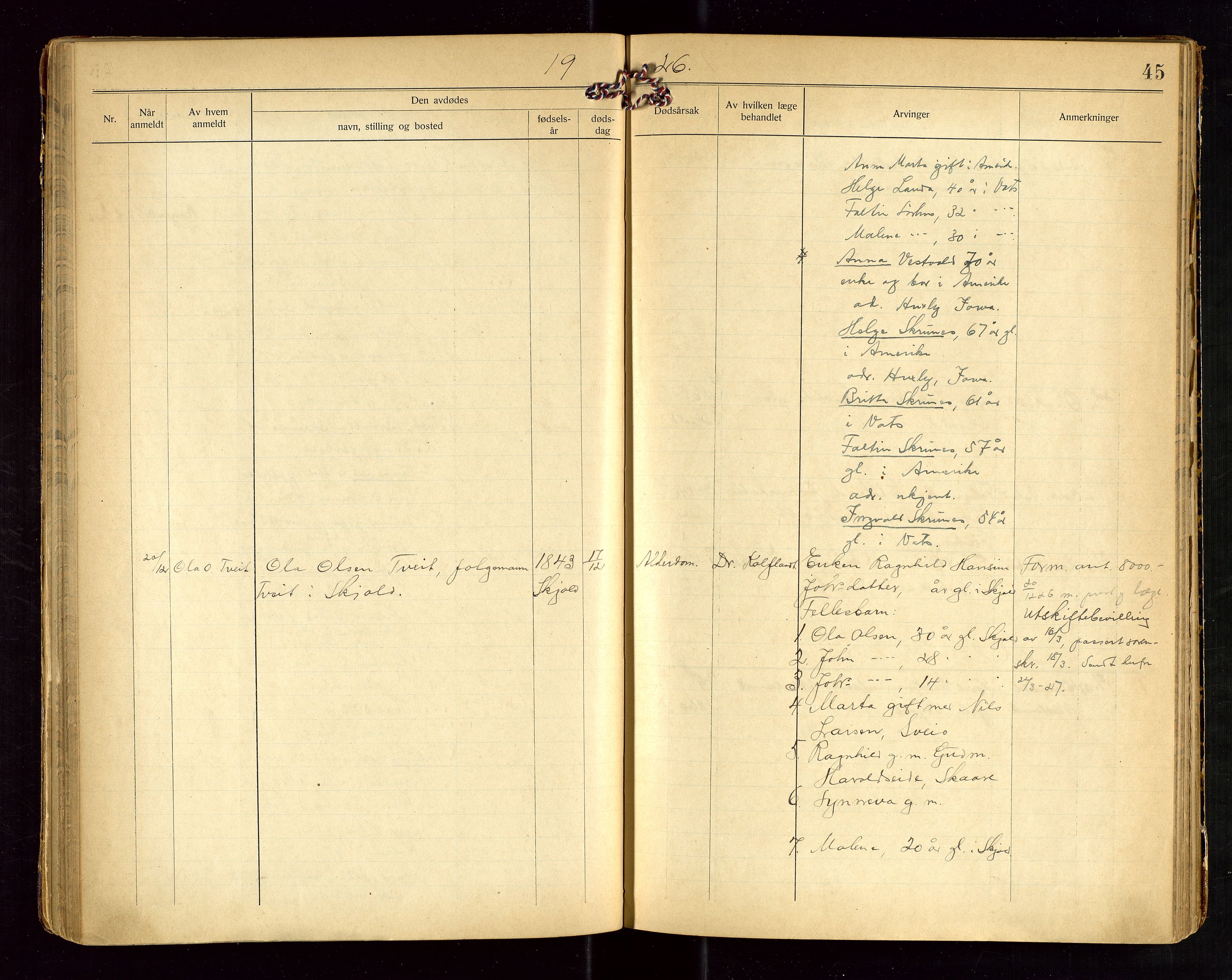 Skjold lensmannskontor, AV/SAST-A-100182/Gga/L0004: "Dødsfaldsprotkol for Skjold", 1922-1934, s. 45