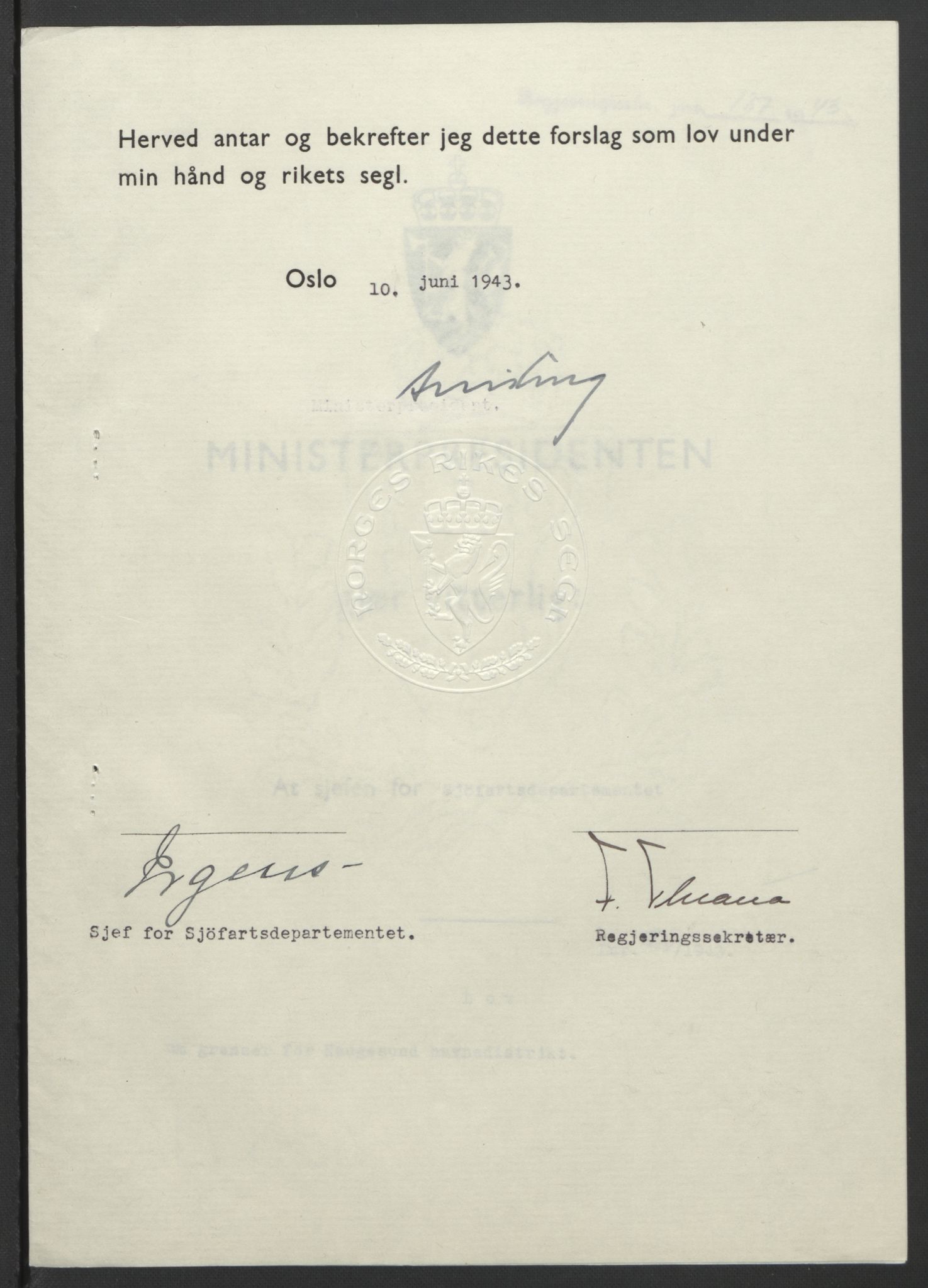 NS-administrasjonen 1940-1945 (Statsrådsekretariatet, de kommisariske statsråder mm), RA/S-4279/D/Db/L0099: Lover, 1943, s. 420