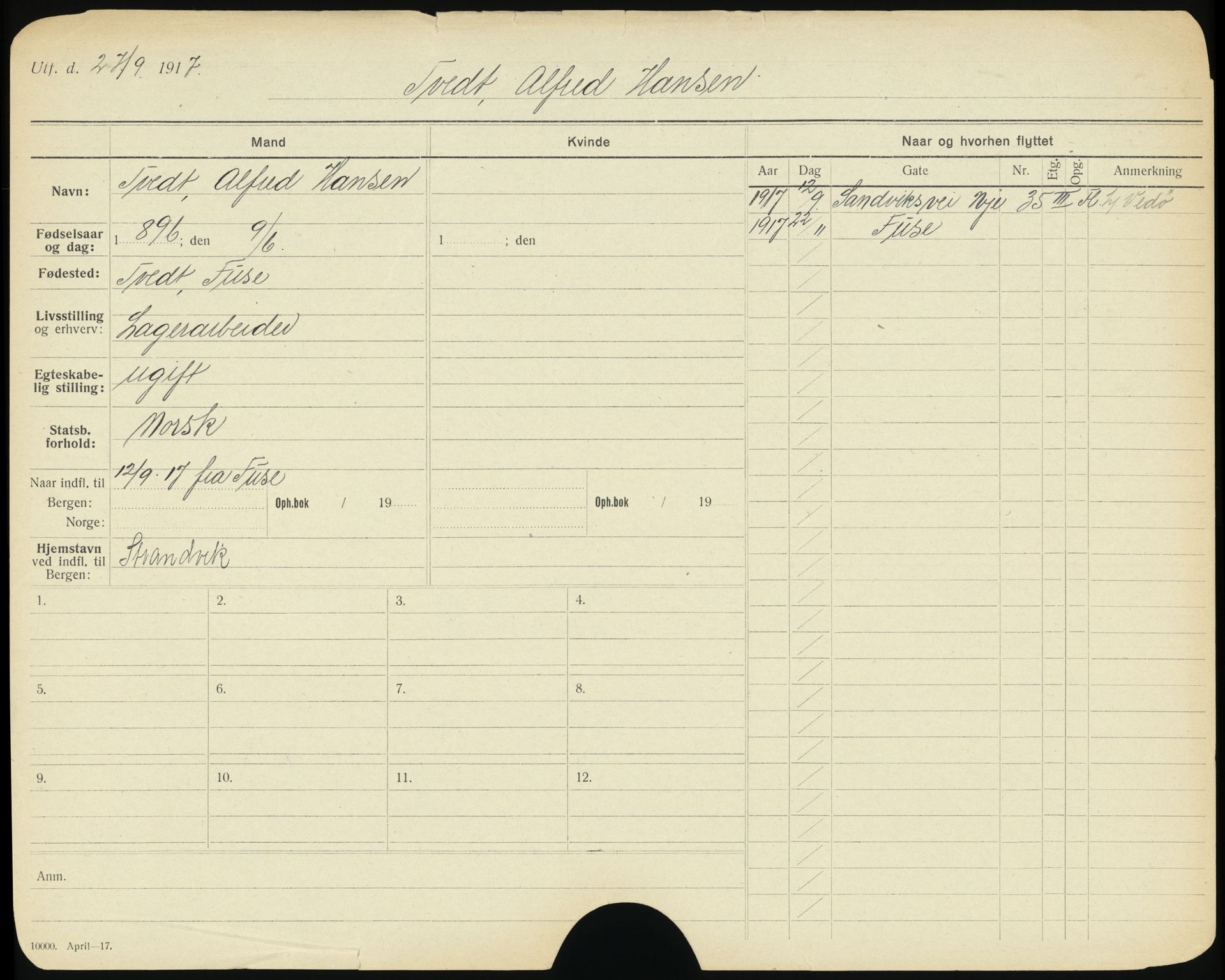 Bergen folkeregister, AV/SAB-A-17201/I/Ia/L0032: Utflyttet 1912 - 1920, Tvedt - Wetlzien, 1912-1920