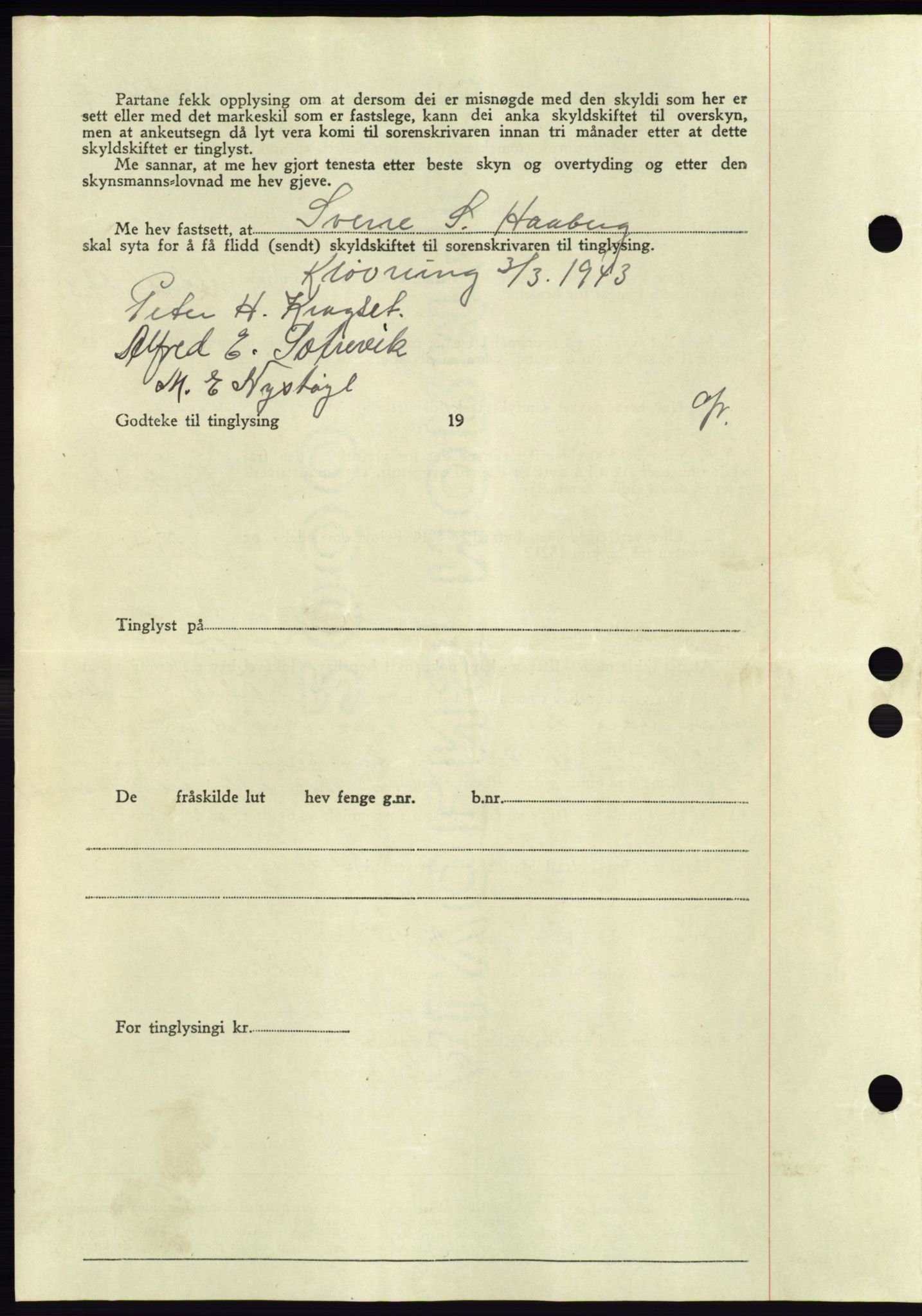 Søre Sunnmøre sorenskriveri, AV/SAT-A-4122/1/2/2C/L0075: Pantebok nr. 1A, 1943-1943, Dagboknr: 228/1943