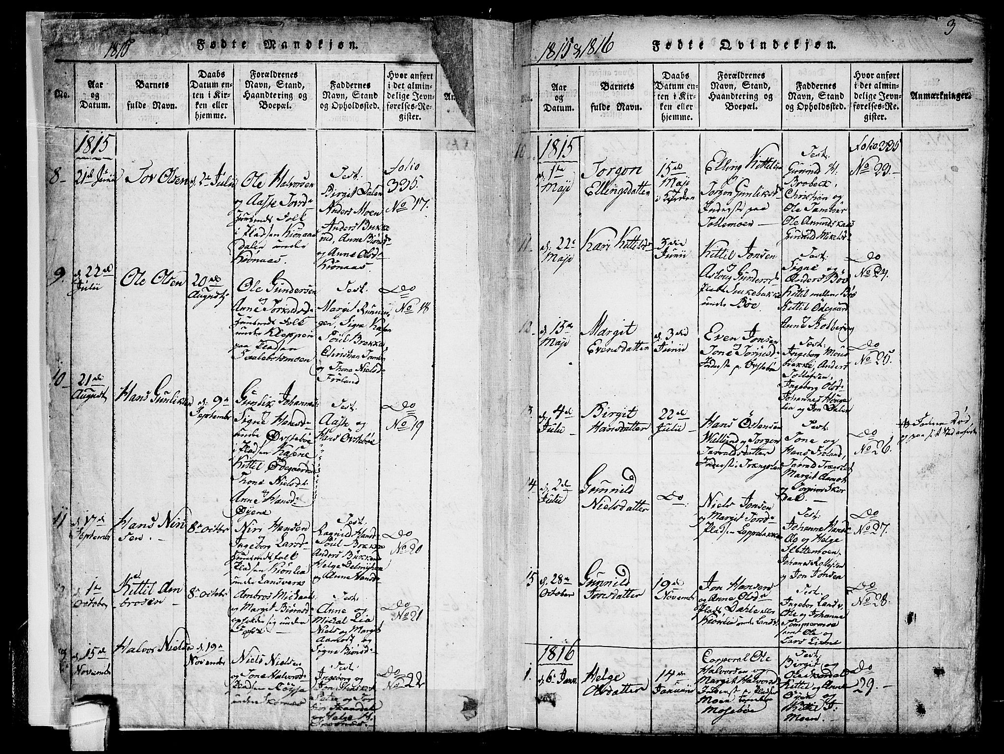 Hjartdal kirkebøker, AV/SAKO-A-270/F/Fb/L0001: Ministerialbok nr. II 1, 1815-1843, s. 3