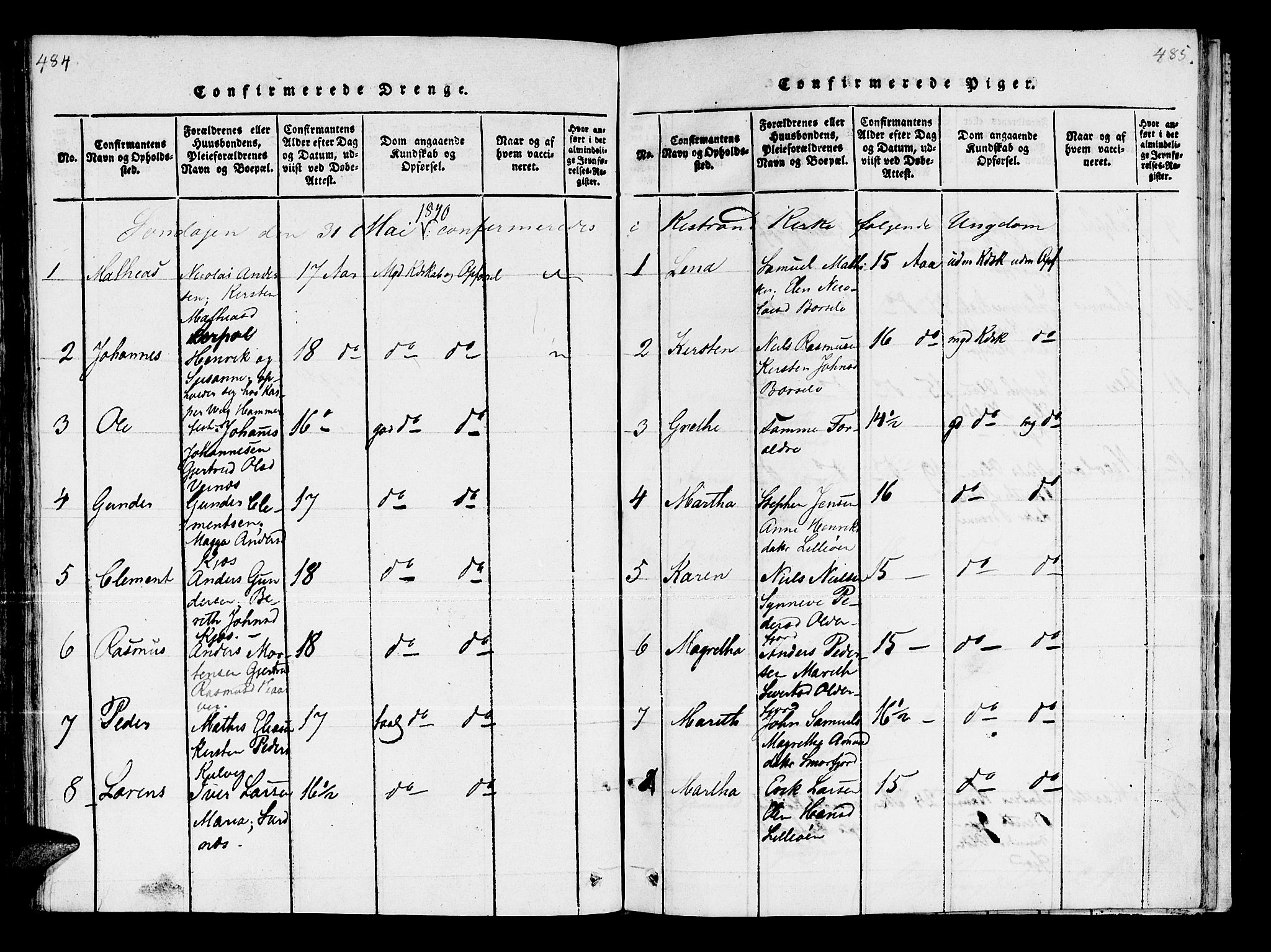 Kistrand/Porsanger sokneprestembete, AV/SATØ-S-1351/H/Ha/L0003.kirke: Ministerialbok nr. 3, 1825-1842, s. 484-485